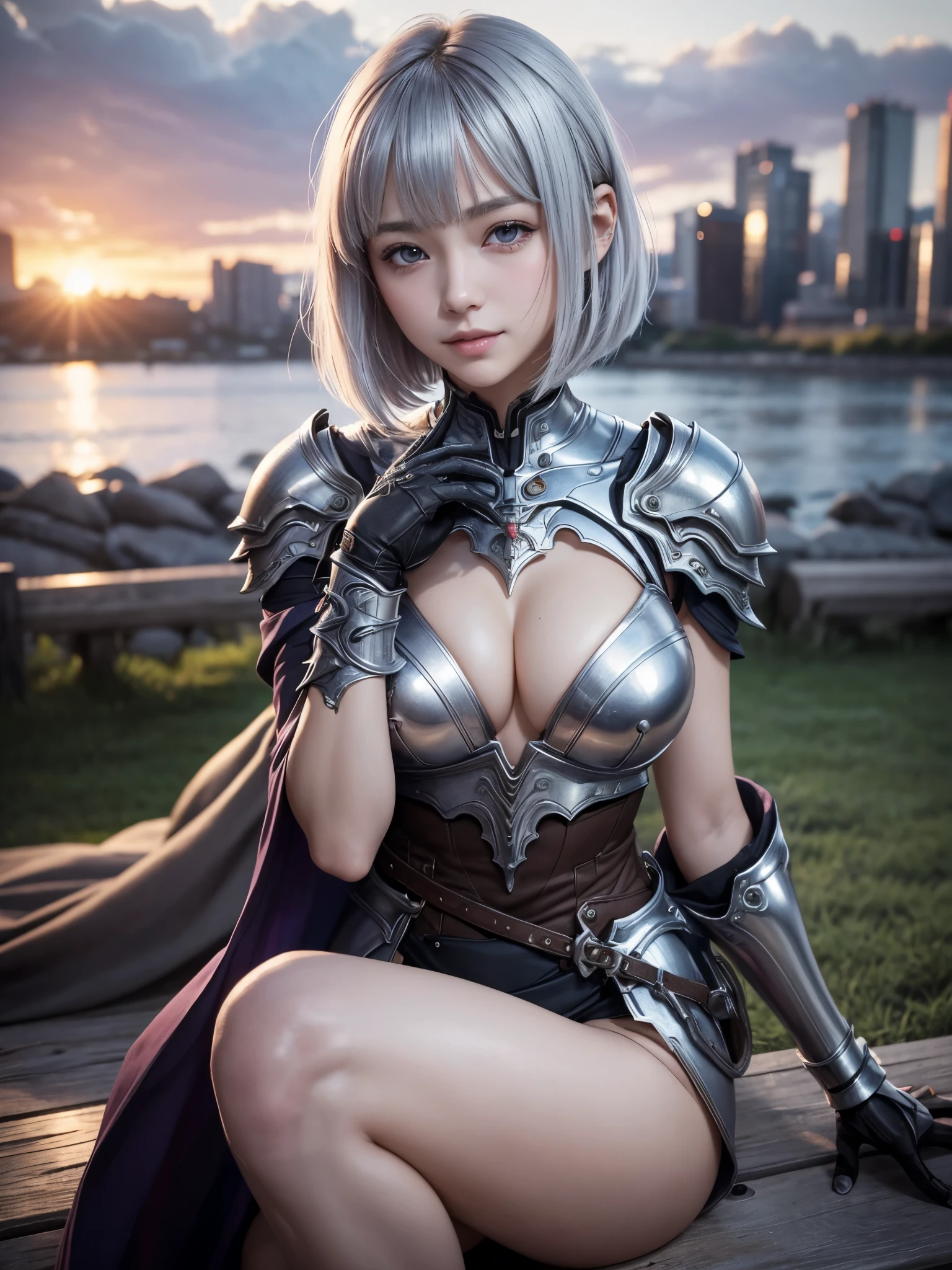 (muste piece:1.3)、(8K、photorealistic、Raw photo、best quality: 1.4)、(solo)、16 year old female of Anglo-Saxon descent、Looking at the camera from below、beautiful face、Beautiful face with perfect symmetry、cute face、wonderful smile、(Beautiful silver hairのbob cut)、Beautiful purple eyes、perfect anatomy、(high detail skin: 1.2)、large and precise breasts、Overflowing cleavage、Beautiful thighs、A woman sitting on a bench with a knife、Beautiful silver hair、bob cut、crossed bangs、asymmetrical bangs、intense violet eyes、perfect anatomy、very mysterious smile、Attractive、超High resolution、Super realistic、extremely detailed、golden ratio、Inspired by Shirow Masamune、mechanical armor girl、Wearing golden metallic armor、Decorated sword、photorealisticなアニメの女の子のレンダリング、Realistic anime 3D style、Epic battle fantasy Natalie、rogue anime girl、bad pose、A big city where you can see the sunset at 6 p.m.、red sunset clouds、vehicle carrying cargo、disorganized、High resolution、ultra sharp、8K、masterpiece、look at viewer、