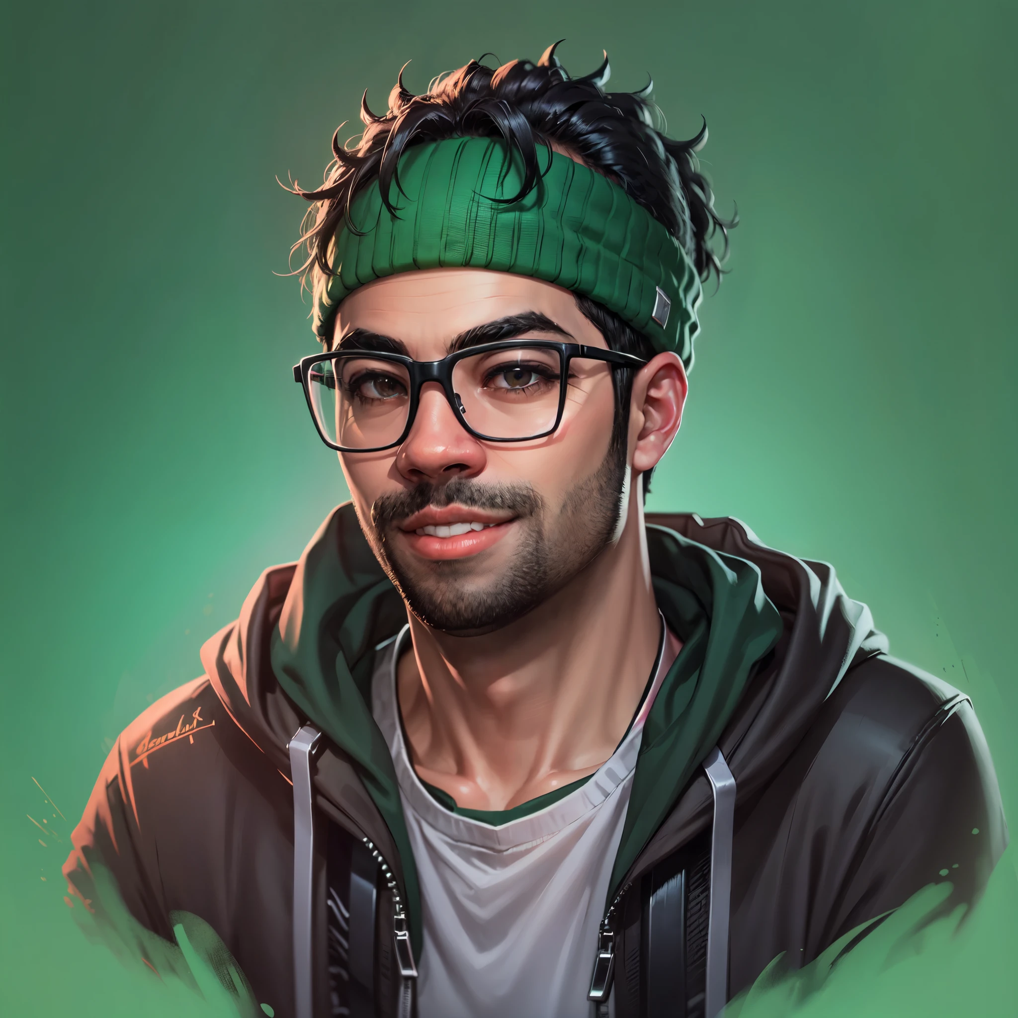 ('Piva') Create a high-quality ((2D-caricature)) cartoon portrait of a man vivid eyes, wearing glasses and a hoodie, displaying a cheerful smile. This portrait is intended for use as an NFT, an avatar image, a Discord profile photo, and a character concept portrait for the streamer and Twitch player known as PivaArts. The full portrait should be detailed and capture the personality and style of PivaArts, Becoming a Statement Piece. The focus is on a character headshot portrait fit for a Twitch streamer, more detail, high detailed.