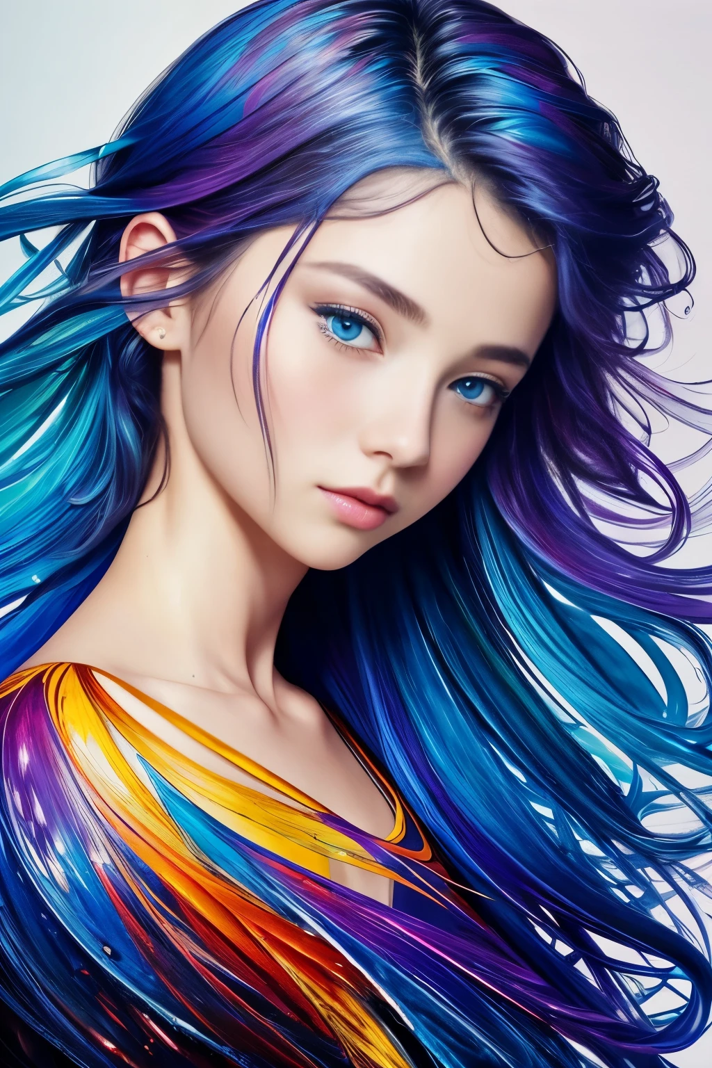 Colorful beautiful girl: a giru 8-, messy hair, oil painting, nice perfect face with soft skinice perfect face, blue yellow colors, light purple and violet additions, light red additions, intricate detail, splash screen, 8k resolution, masterpiece, cute face,artstation digital painting smooth veryBlack ink flow: 8k resolution photorealistic masterpiece: intricately detailed fluid gouache painting: by Jean Baptiste Mongue: calligraphy: acrylic: watercolor art, professional photography, natural lighting, volumetric lighting maximalist photoillustration: by marton bobzert:, complex, elegant, expansive, fantastical,  wavy hair, vibrant