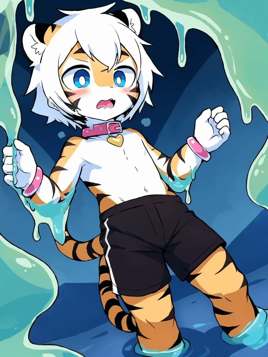 （4K，8k，best quality，meticulous details，Delicate light，Delicate short hair）Tiger cubs，white hair，dark blue pupils，There&#39;a bit strange，adventure，Slime with faint light，Mucus drips down，surprise，史莱姆张开大嘴咬住Tiger cubs的头部，black shorts，Big blue striped tail，Little fresh，Dive into the slime，Enter Slime， Shota，Pink bracelet，Pink collar