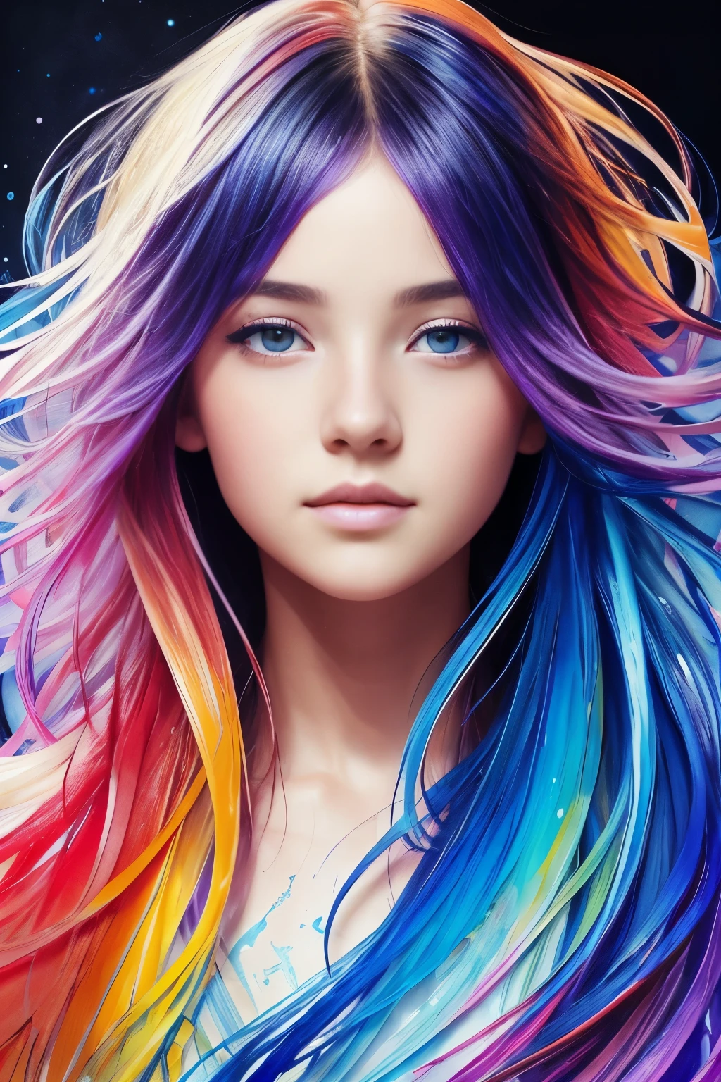 Colorful beautiful girl: a giru 8-, messy hair, oil painting, nice perfect face with soft skinice perfect face, blue yellow colors, light purple and violet additions, light red additions, intricate detail, splash screen, 8k resolution, masterpiece, cute face,artstation digital painting smooth veryBlack ink flow: 8k resolution photorealistic masterpiece: intricately detailed fluid gouache painting: by Jean Baptiste Mongue: calligraphy: acrylic: watercolor art, professional photography, natural lighting, volumetric lighting maximalist photoillustration: by marton bobzert:, complex, elegant, expansive, fantastical,  wavy hair, vibrant