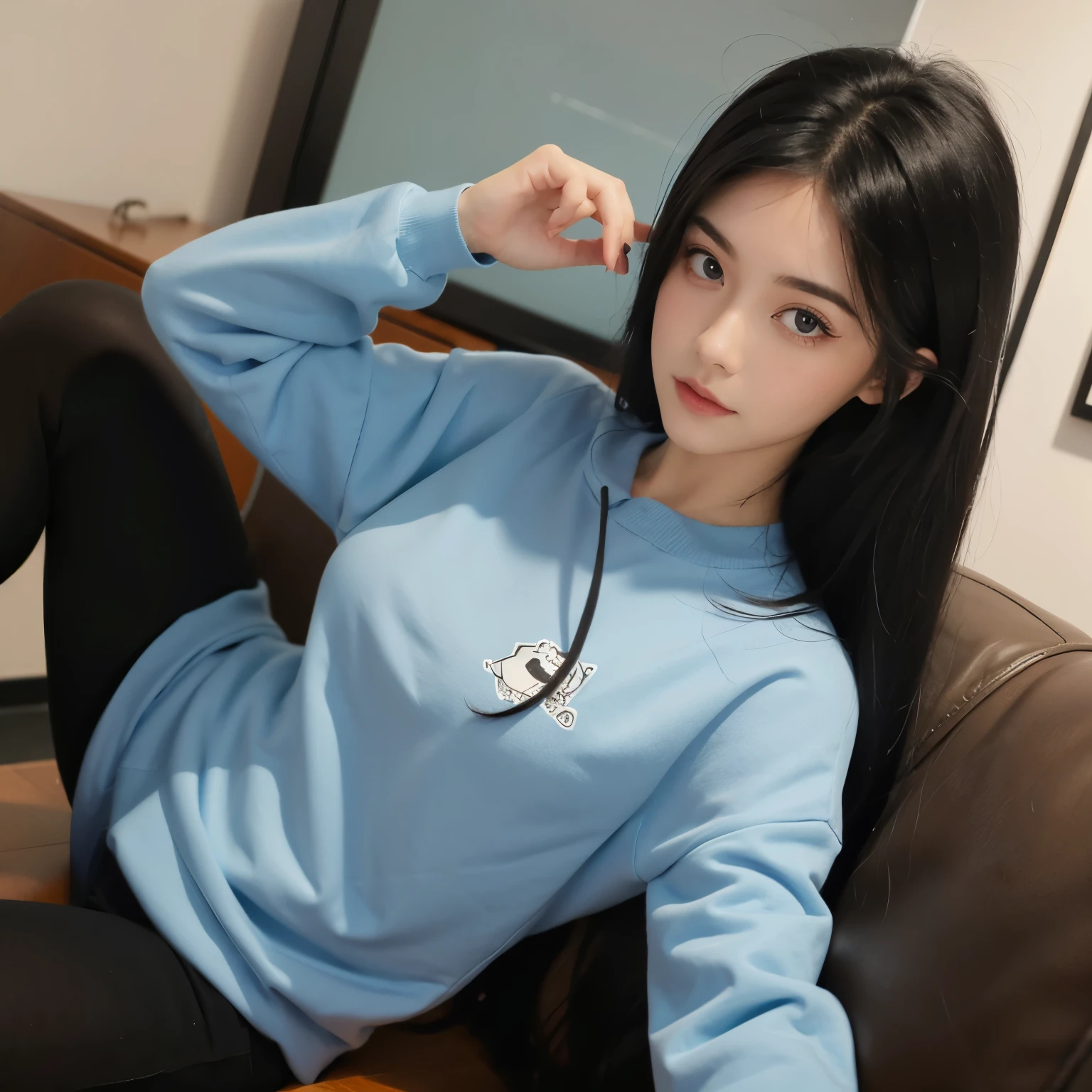 cartoon，female，Blue sweatshirt，long black hair