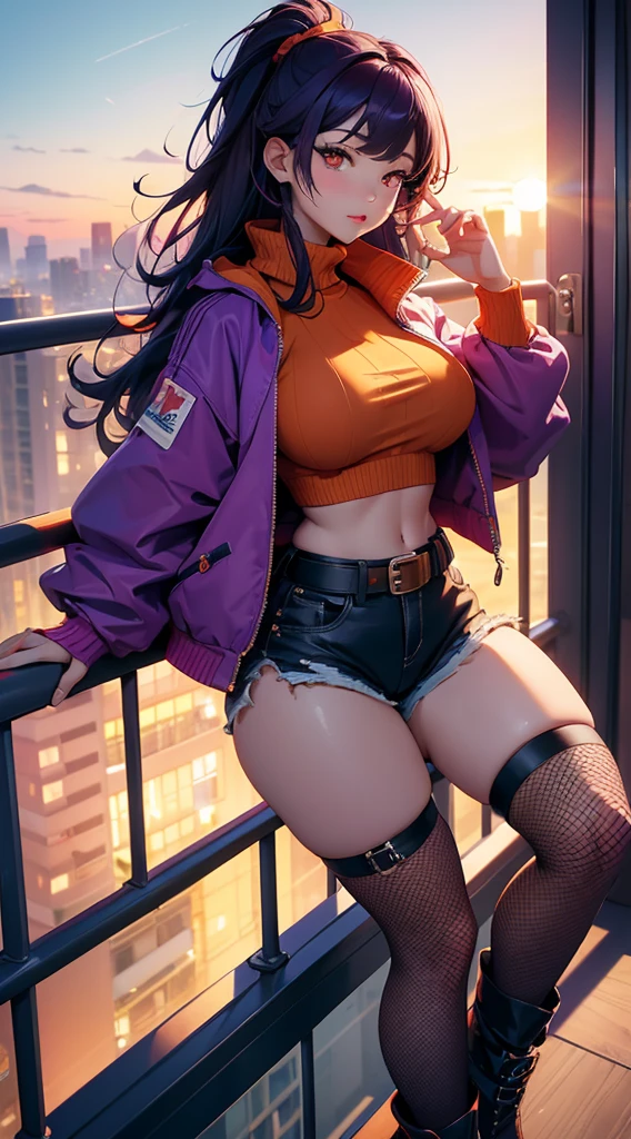 (masterpiece), high-definition, vibrant colors, korean girl, big boobs, big hips, messy dark purple hair, orange eyes, crop top sweater, jacket, shorts, belt, thong, thigh high stockings, boots, fishnet, balcony, leaning on the railing, sunset