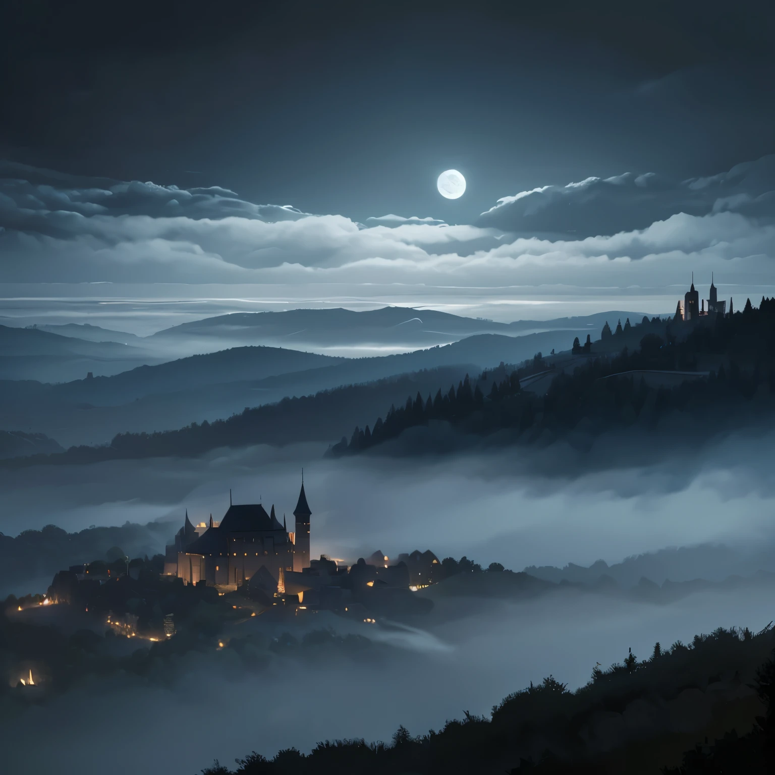 Emphasis seen from a very distant forest of straight flat terrain, seco e escuro, with a lot of fog, totally black and gray scenery. Night time. In the right corner in the background a small castle seen very far away with a full moon in the sky and dark clouds. View of the entire scene very far away.