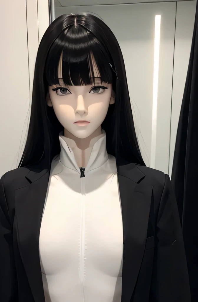 full body mannequin,The mannequin is a female college student,The height of the mannequin is 165cm,The color of the mannequin&#39;s face is pure white.,The color of the mannequin&#39;s body is pure white.,The mannequin has black hair(straight hair,bangs bangs),The color of the mannequin&#39;s lips is light pink.,The mannequin&#39;s eye color is black,The mannequin has a long, thin face.,the mannequin is wearing a coat
