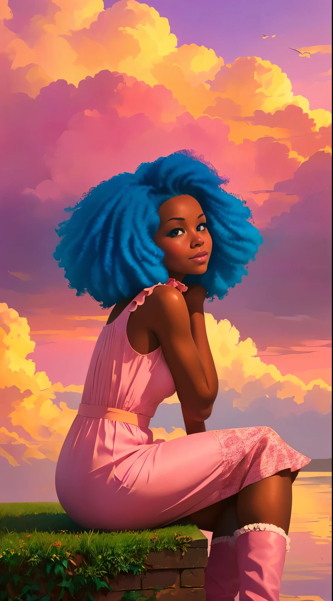 (best quality:1.1),original,1girl,chic,trendy,afro,dark skin,makeup,1970's, blue hair, brown eyes An illustration of african american woman with natural hair, in the style of ross tran, a pink dress with a cute cloud print and cute pink boots, a gorgeous woman with extremely long hair in a ponytail with bangs, (((sitting on a soft fluffy pink cloud))), looking at a distant magical city far beneath her, at sunset --ar 2:3 --v 6.0 pink and orange, jessica drossin, bold block prints, michael malm, bold yet graceful, bold traditional