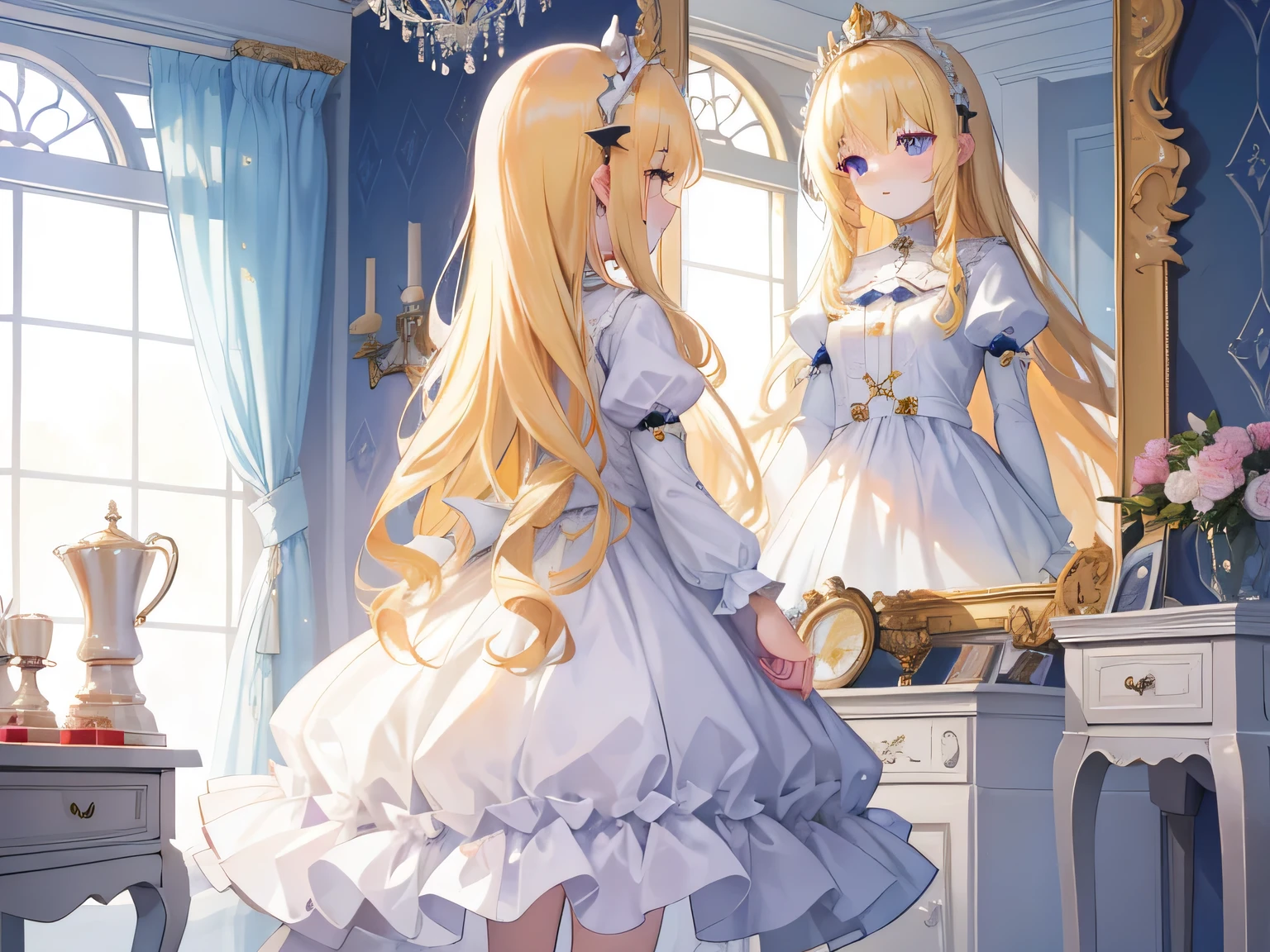 amazing shiny golden long hair,one girl, beautiful girl, blonde, white clothes,frills, small crown, Queen, Eyes are light blue,This is a cute sweet girl,Soft Girl, lolita,Alice in the Land of Mirrors, Chess, Room of mirrors, Are standing, 鏡の前にAre standing自分を見て, holding hands in the mirror, from behind, from below, Chessのコマと盤面, whole body, best image quality, dark room,