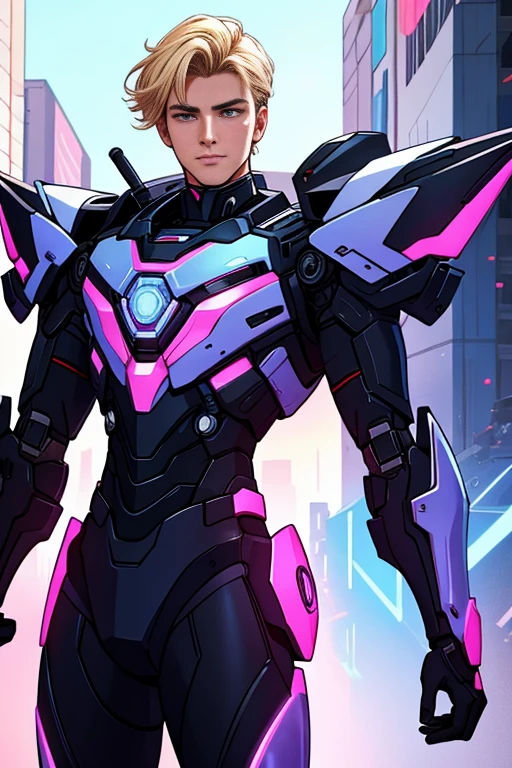 Pink and blue holographic colors,toon rendering,lens,best quality, masterpiece, actual,1 boy, beautiful ,Black armor,Mecha,cyberpunk,blonde hair,