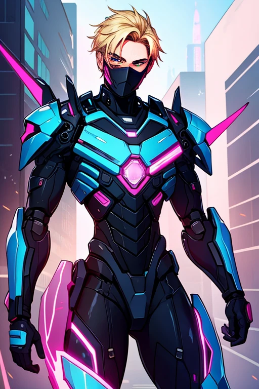 Pink and blue holographic colors,toon rendering,lens,best quality, masterpiece, actual,1 boy, beautiful ,Black armor,Mecha,cyberpunk,blonde hair,