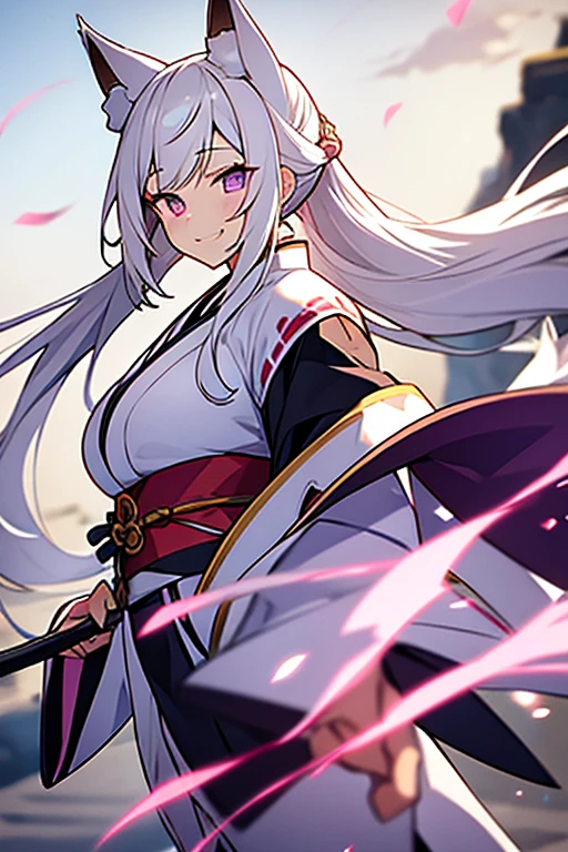 animal ears, 1girl,huge breast,dynamic angle,dutch angle, 
japanese clothes, white hair, kimono, fox ears, fang, purple eyes,wide sleeves, bangs, long sleeves, blush, sleeves past wrists,  solo, sash, very long hair, looking at viewer, hagoromo,  cloud, 

shawl, white kimono, obi,
(fighting stance:1.2),fire, white hair,very long hair,fox ears, purple eyes, ponytail, hair ornament,parted bangs, japanese clothes,white kimono,geta,tabi,
grin,happy,itako_v1,touhoku itako,
