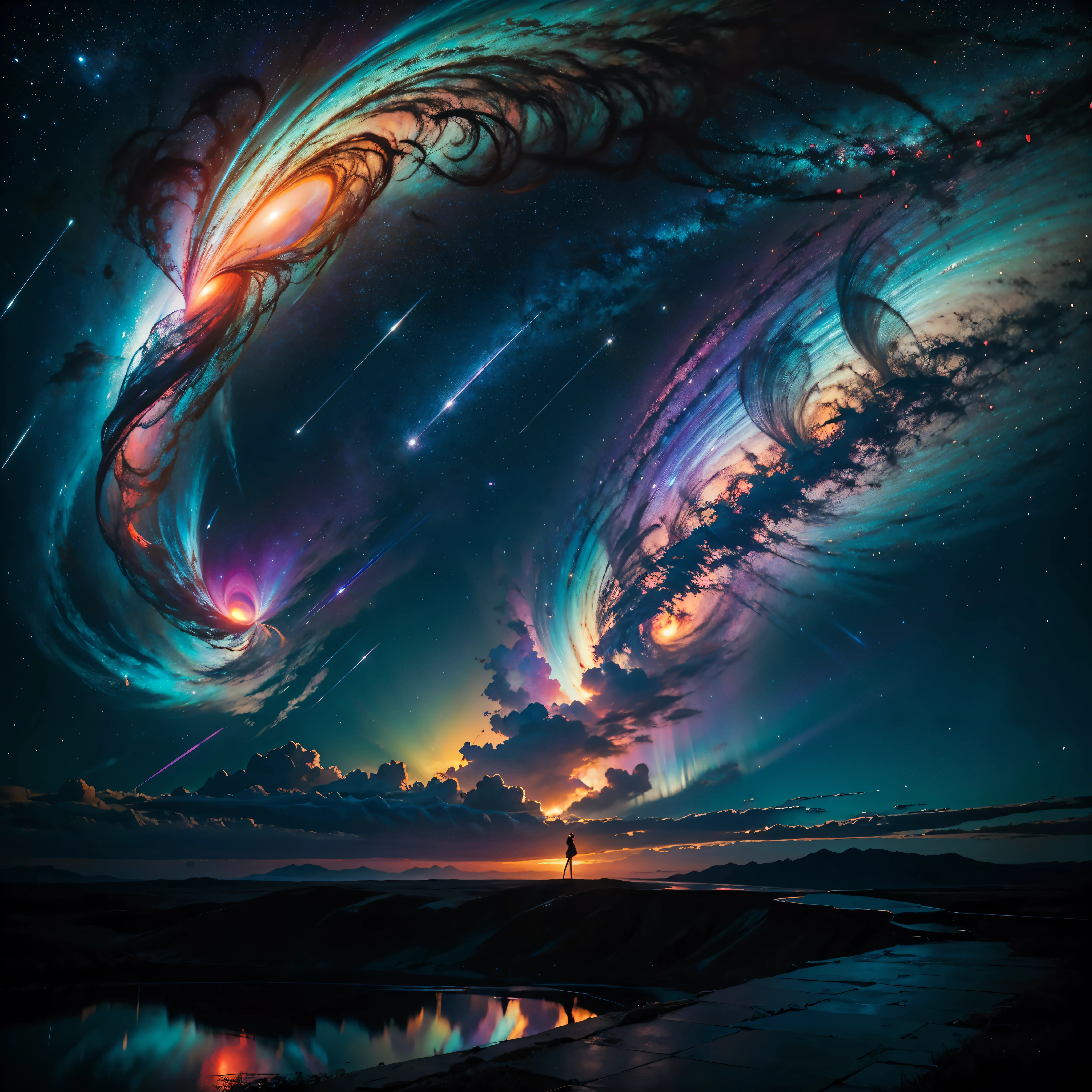 Hyper Vibrant Nebulae Octans by_Mappa Spacious Starry_sky Borealis ((🎈Sunset epic sunshine parabolic sunrise Rain_Color Colorful_liquid_on_naked_body:1.3 Colorful_body Colorful_ink_on_hair:1.2 Rainbow Abundant_colorful_liquids White_liquid fullbodye wet_Color_liquid)) In the vast expanse of the cosmos, a breathtaking image unfolds before your eyes. In the heart of a starry galaxy, vibrant nebula dance and swirl, their ethereal colors blending and intertwining. The scene is a symphony of cosmic beauty, with tendrils of interstellar dust and gas reaching out into the void. The stars shine with an otherworldly brilliance, illuminating the cosmic tapestry that stretches across the vastness of space. It is a visual feast for the senses, an awe-inspiring glimpse into the wonders of the universe. BREAK,Detailed,Realistic, highly detailed digital art,octane render, bioluminescent, BREAK,by Mappa studios,masterpiece,best quality,official art,illustration,ligne claire,(cool_color),perfect composition,absurdres, fantasy,focused,rule of thirds masterpiece meticulously intricate 🎠deep path equirectangular🎡 ultra_high-details extreme improved ultra_high-quality ultra_high-res ultra_photo-realistic optimal ultra_sharpness perfection accurate volumetric SunLight Lightning_contrast global_illumination cgi vfx sfx reflex Octane_rendered ultra_high-def UHD XT3 DSLR HDR romm rgb pbr 3dcg fxaa blu-ray vivid colors-coded anti-aliasing fkaa txaa rtx ssao opengl-shaders glsl-shaders post-processing post-production cell-shading tone-mapping ❤luminescence 😘glow 👩Heart hearth Crystalline butterfly earth invoke monarch magic fleuraison monster monstrous creature sundrop slide onyx summon transparent ruby Earth hearth bloom flash Tourmaline opal strange glow hole reflection varies multi etc. --s 1000 --c 20 --q 20 --chaos 100