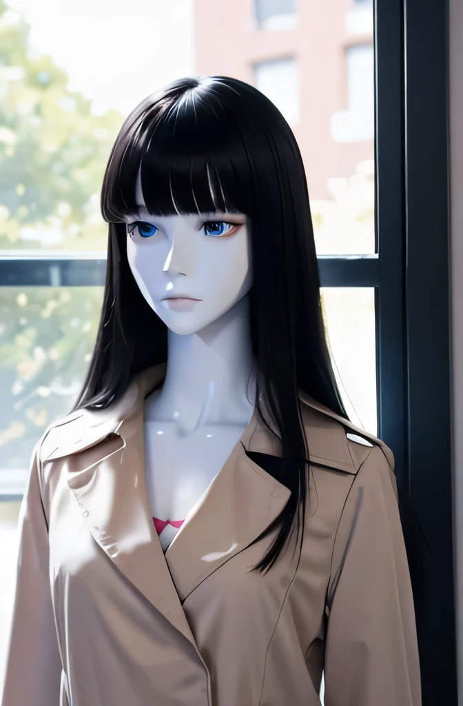 full body mannequin,The mannequin is a female college student,The height of the mannequin is 165cm,The color of the mannequin&#39;s face is pure white.,The color of the mannequin&#39;s body is pure white.,The mannequin has black hair(straight hair,bangs bangs),The color of the mannequin&#39;s lips is light pink.,The mannequin&#39;s eye color is black,The mannequin has a long, thin face.,the mannequin is wearing a coat,The mannequin is looking out the window, night