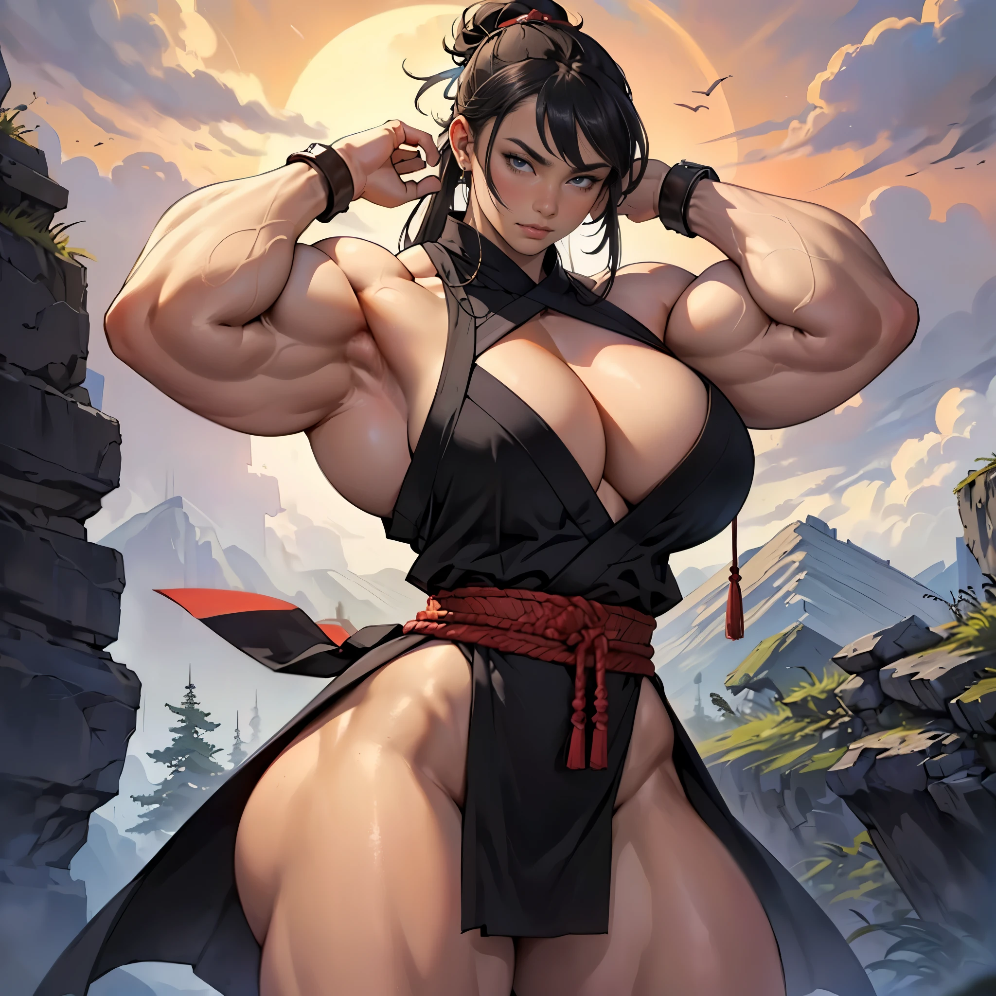 (masterpiece, best quality, highres:1.5), realistic, 1girl, young (japanese) warrior (woman), (hypermuscle:1.4), (huge breasts:1.2), (tall:1.2), huge ass, huge thighs, (detailed, beautiful face), dangerous expression, ninja, feudal japan, nighttime, dynamic pose