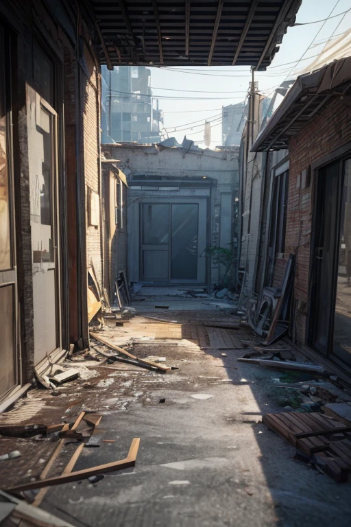 3D model HD rendering, Architectural renderings, Right-angled isometric view, 45 degree angle, (gray background), high detail, , global illumination, realistic lighting, Unreal Engine Rendering, Matter 3D, octane rendering, (human development report:1.3), (Messy and dilapidated street shop, All over the place), collide, Combat damage style, an overgrown