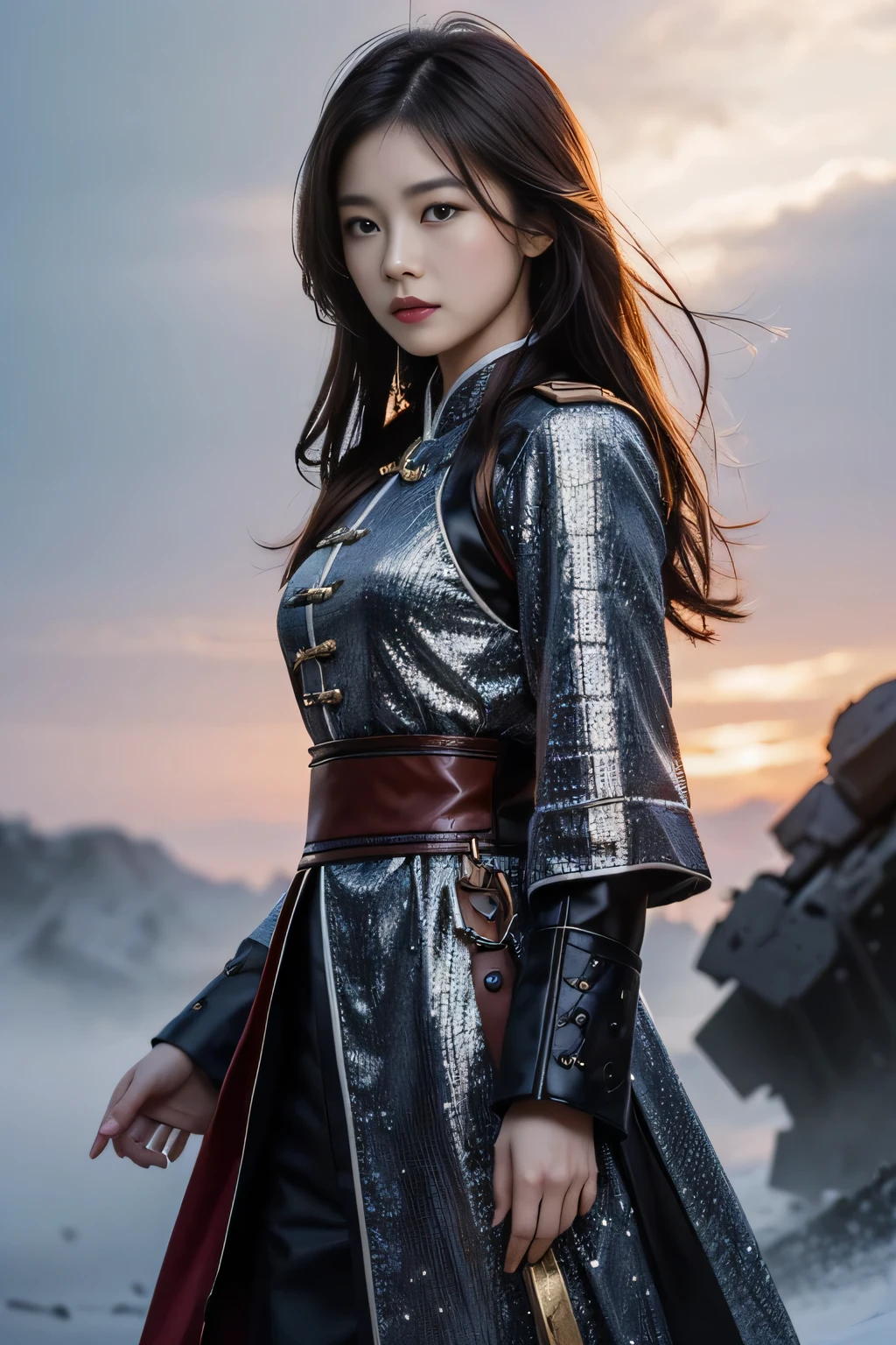 Chinese female general Hua Mulan，Red-brown knitted lining，Leather and metal chain mail，battlefield background，majestic，Half body photo