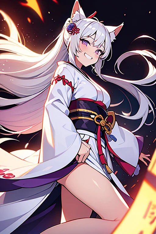 animal ears, 1girl,huge breast,dynamic angle,dutch angle, 
japanese clothes, white hair, kimono, fox ears, fang, purple eyes,wide sleeves, bangs, long sleeves, blush, sleeves past wrists,  solo, sash, very long hair, looking at viewer, hagoromo,  cloud, 

shawl, white kimono, obi,
(fighting stance:1.2),fire, white hair,very long hair,fox ears, purple eyes, ponytail, hair ornament,parted bangs, japanese clothes,white kimono,geta,tabi,
grin,happy,itako_v1,touhoku itako,