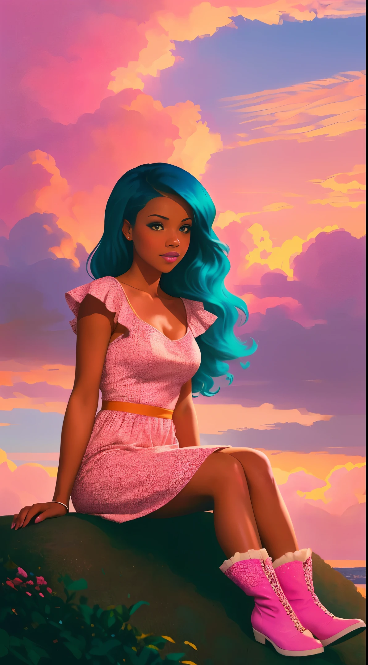 (best quality:1.1),original,1girl,chic,trendy, dark skin,makeup,1970's, blue hair, brown eyes An illustration of african american woman with natural hair, in the style of ross tran, a pink dress with a cute cloud print and cute pink boots, a gorgeous woman with extremely long hair in a ponytail with bangs, (((sitting on a soft fluffy pink cloud))), looking at a distant magical city far beneath her, at sunset --ar 2:3 --v 6.0 pink and orange, jessica drossin, bold block prints, michael malm, bold yet graceful, bold traditional