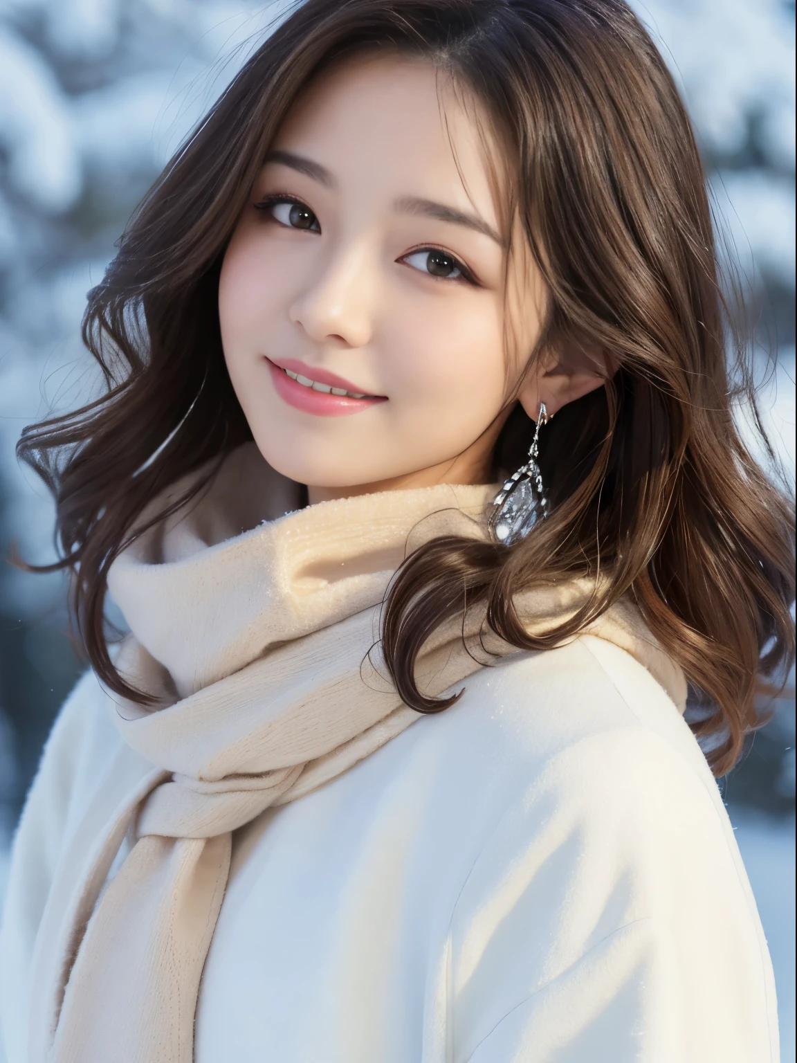 best quality，Super high resolution，RAW photography，1 girl，loose perm hair、dark brown hair、Japanese、loose perm hair、smile、professional photos、Same skin type as Humanra in the background、I draw it faithfully to the anatomy.、very detailed and beautiful、Super high quality、Hair swaying and sexy、Highly detailed beautiful girl、from head to waist、earrings、necklace、from head to waist、snowが降る、snow.Sparkling、long coat、Scarf、fluffy