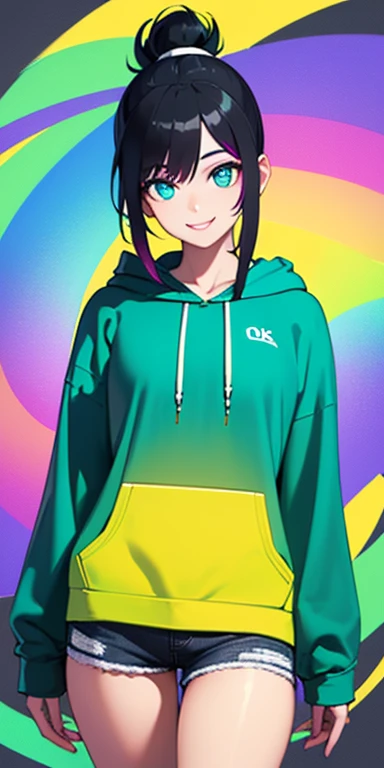 (black hair,colorful fluorescence multicolored hair:1.5,ponytail:1.5), (masterpiece, sidelights, exquisite beautiful eyes: 1.5), masterpiece*portrait, realistic, ((Colorful background of different colors:1.5)),(Gentle face:1.5),colorful,3D face,(cute face),front view: 1.6、((OK sign:1.5))、 (glowing green eyes:1.2),(tareme:1.5)、(cute smile:1.5),,Slim Body, shiny hair, shiny skin: 1.5、medium breasts,、solo,(stand)、(hoodie:1.5)、(charactor focus:1.5、portlate、eye focus,cowboy shot)、bright atmosphere,intricatedetails