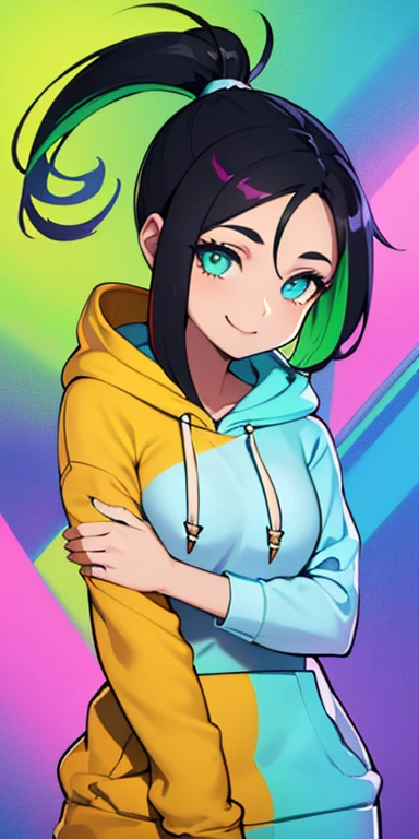 (black hair,colorful fluorescence multicolored  hair:1.5,ponytail:1.5), (masterpiece, sidelights, exquisite beautiful eyes: 1.5), masterpiece*portrait, realistic, ((Colorful background of different colors:1.5)),(Gentle face:1.5),colorful,3D face,(cute face),front view: 1.6、((OK sign:1.5))、 (glowing green eyes:1.2),(tareme:1.5)、(cute smile:1.5),,Slim Body, shiny hair, shiny skin: 1.5、medium breasts,、solo,(stand)、(hoodie:1.5)、(charactor focus:1.5、portlate、eye focus,cowboy shot)、bright atmosphere,intricatedetails