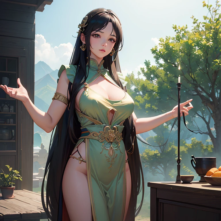 (8k, RAW photo, best quality, masterpiece: 1.2), (realistic, photo-realistic: 1.4), (highly detailed 8k unity CG wallpaper), 1 solo girl, photo pose, transparent long dunhuang dress, very big full breasts, dunhuang_style, tempting, dunhuang_background kitchen.