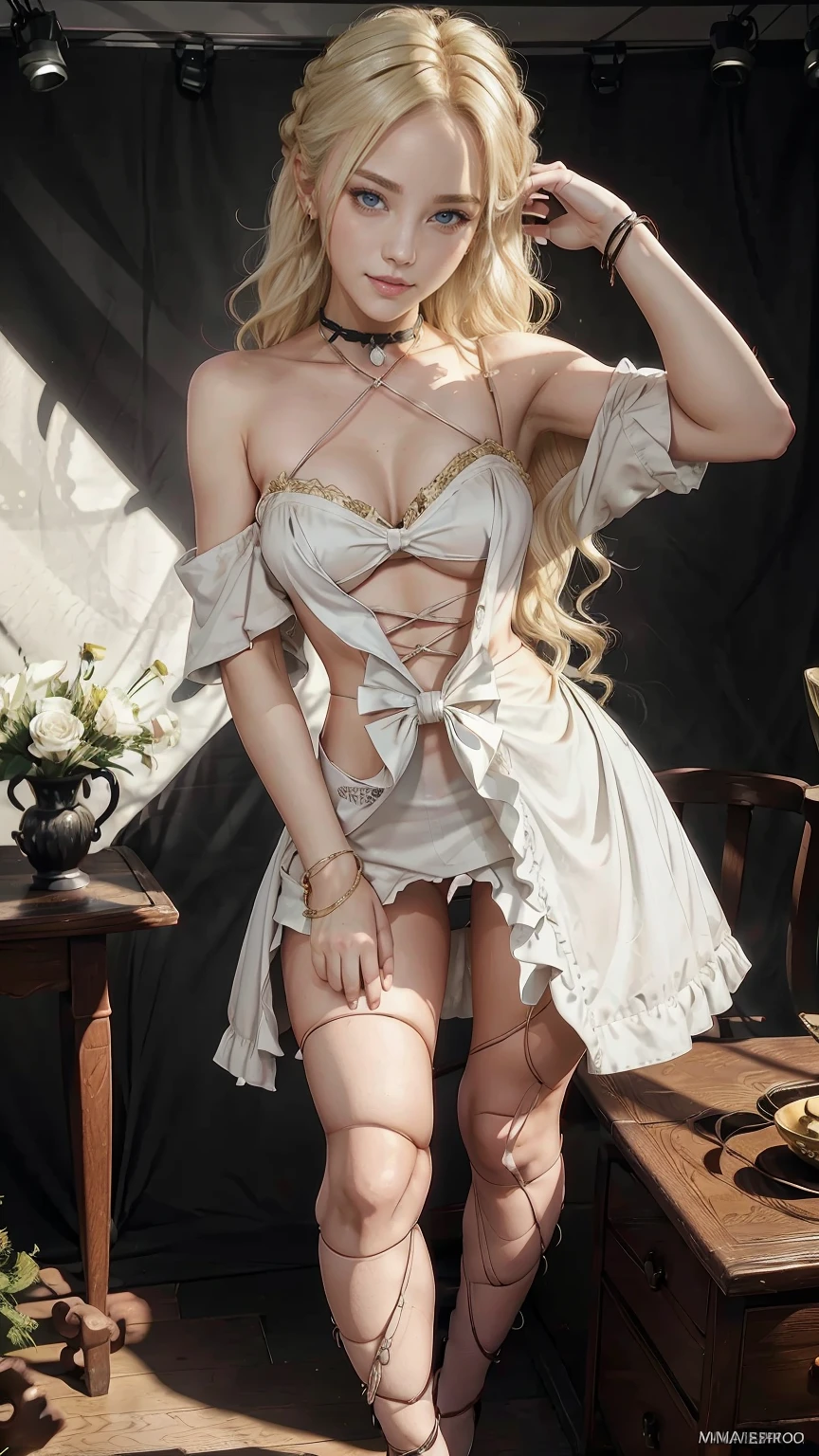 22 year old white female、hair color is blonde、eye color is blue、long hair、Tying up your hair、accessories on wrist、I'm wearing a choker、skin is smooth、smile、Slender but muscular body、My heart is pounding、high resolution、She is wearing a one-shoulder lace top.、I'm wearing pants、I'm wearing pumps、In front of Horizont in the photo studio、Flowers are arranged in a vase on a narrow medieval table.