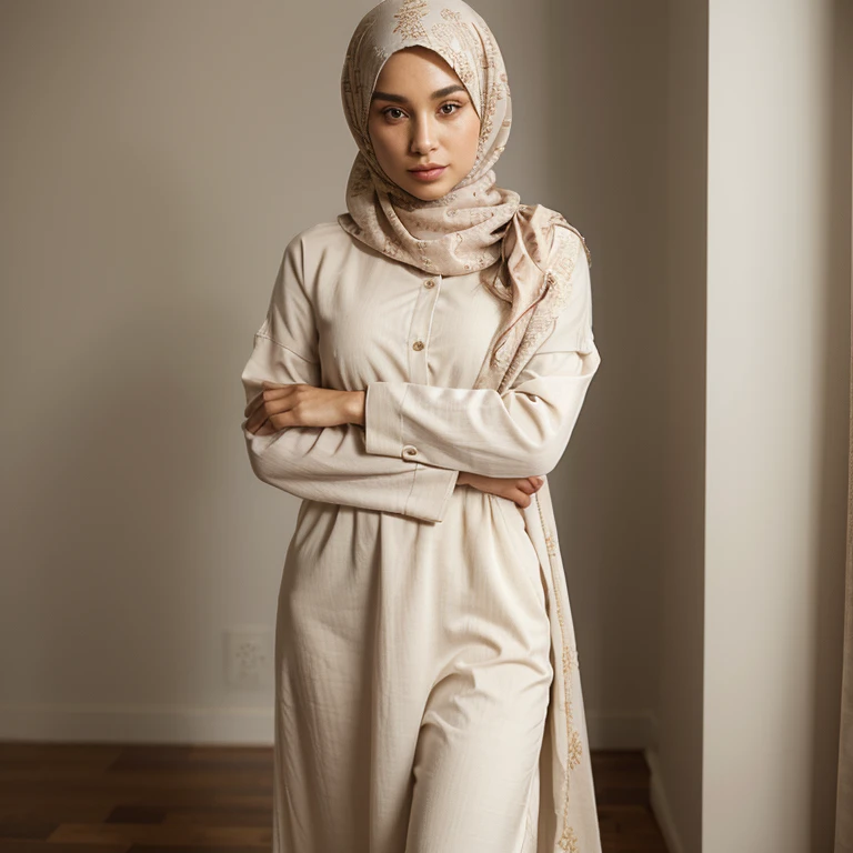 A Muslim woman dressed in a modest and stylish outfit, adorned with a hijab that perfectly drapes around her head, neck, and shoulders. Her hair is neatly tucked away, revealing only a hint of its natural curls peeking out from underneath. The hijab is matched perfectly with her flowy, long-sleeved shirt that reaches her mid-thigh and features intricate embroidery along the hemline. A pair of comfortable, yet fashionable trousers in a neutral color hug her slim figure, ending just above her ankles., low-angle shot, shallow depth of field