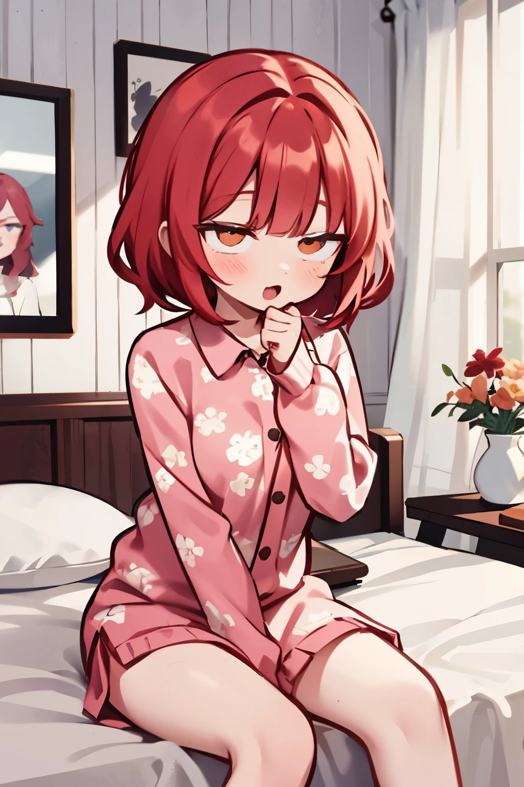 There is a woman sitting on a bed wearing a pink floral pajamas, red-haired girl, beautiful red-haired woman, red-haired woman, young red-haired girl, short bright red hair, red hair and attractive features, Anna Nikonova aka Newmilky, red-haired girl, redhead, beautiful woman, posing in bed, red head, with short red hair, posing in a room