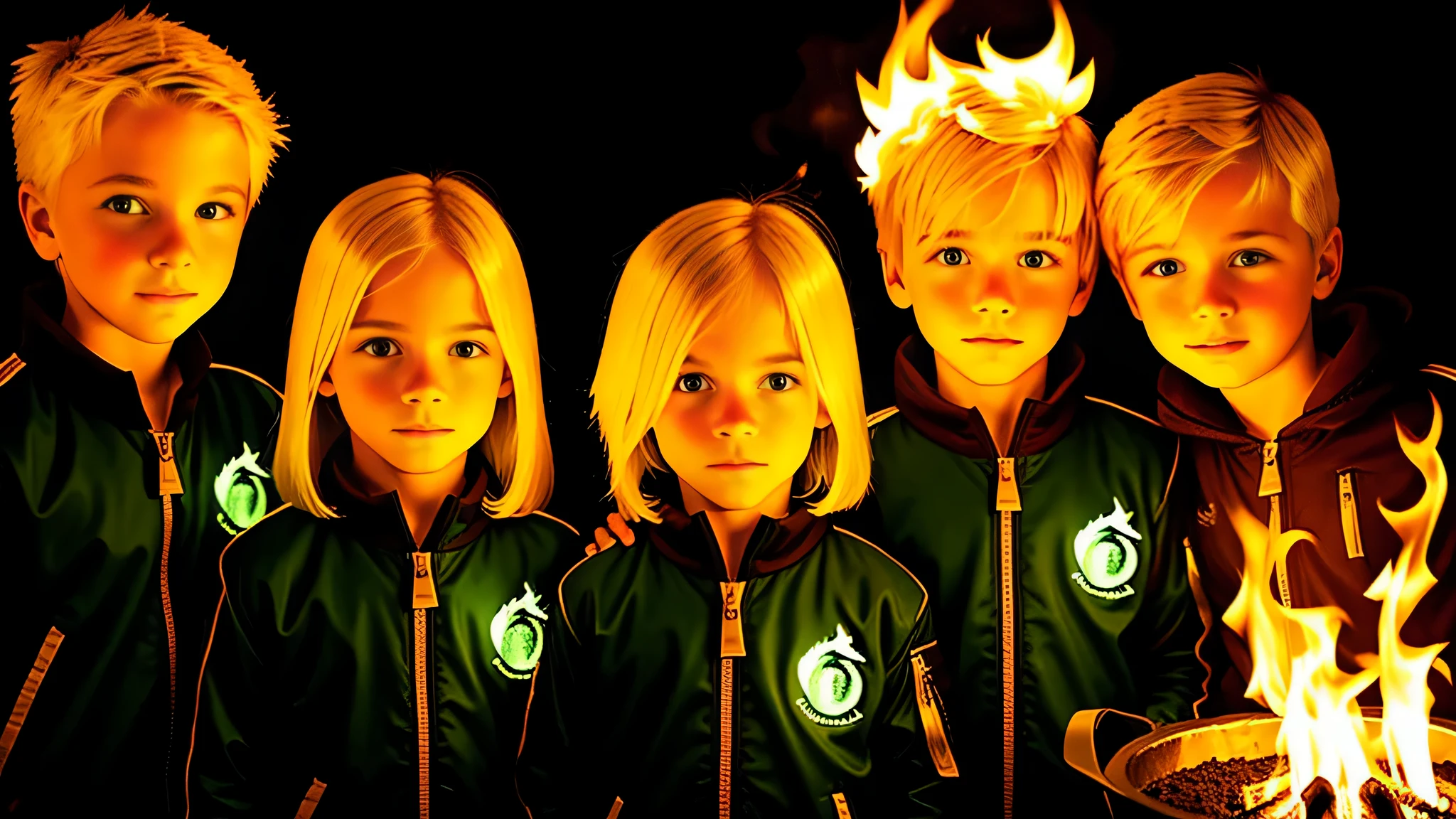3 blonde children boys WITH STRAIGHT HAIR, jaqueta de couro preta e roupa PORTRAIT , the flames are glowing in the dark with a GREEN fire reflection, Chamas de fogo, Chamas ao fundo, Fogo e chamas, Chamas ao fundo.