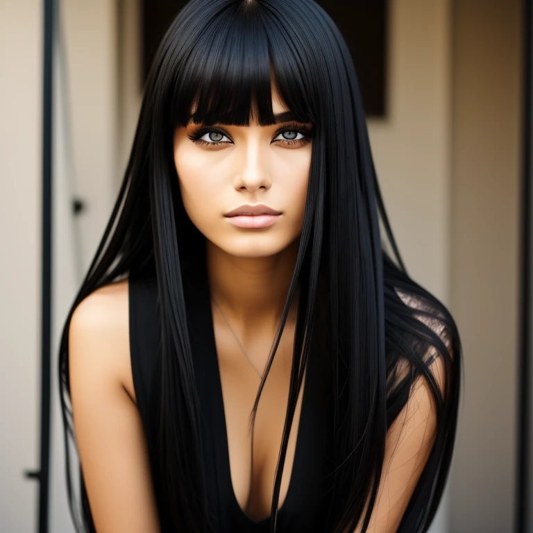 a women with long black hair,slanted eyes,monolid,Blunt bangs