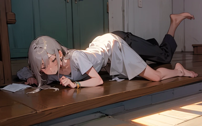 Mr. Takagi, black hair, long hair up to the waist, small underwear, white underwear, tense underwear, underwear, wet underwear, small breasts, crying face, crying, drooling, scared, crotch open facing forward, sitting on the floor, showing off crotch, sweat-soaked skin, ruins, ((large amount of used condoms on the floor)), ((chained, arms raised, crossed behind the head)), white sailor suit