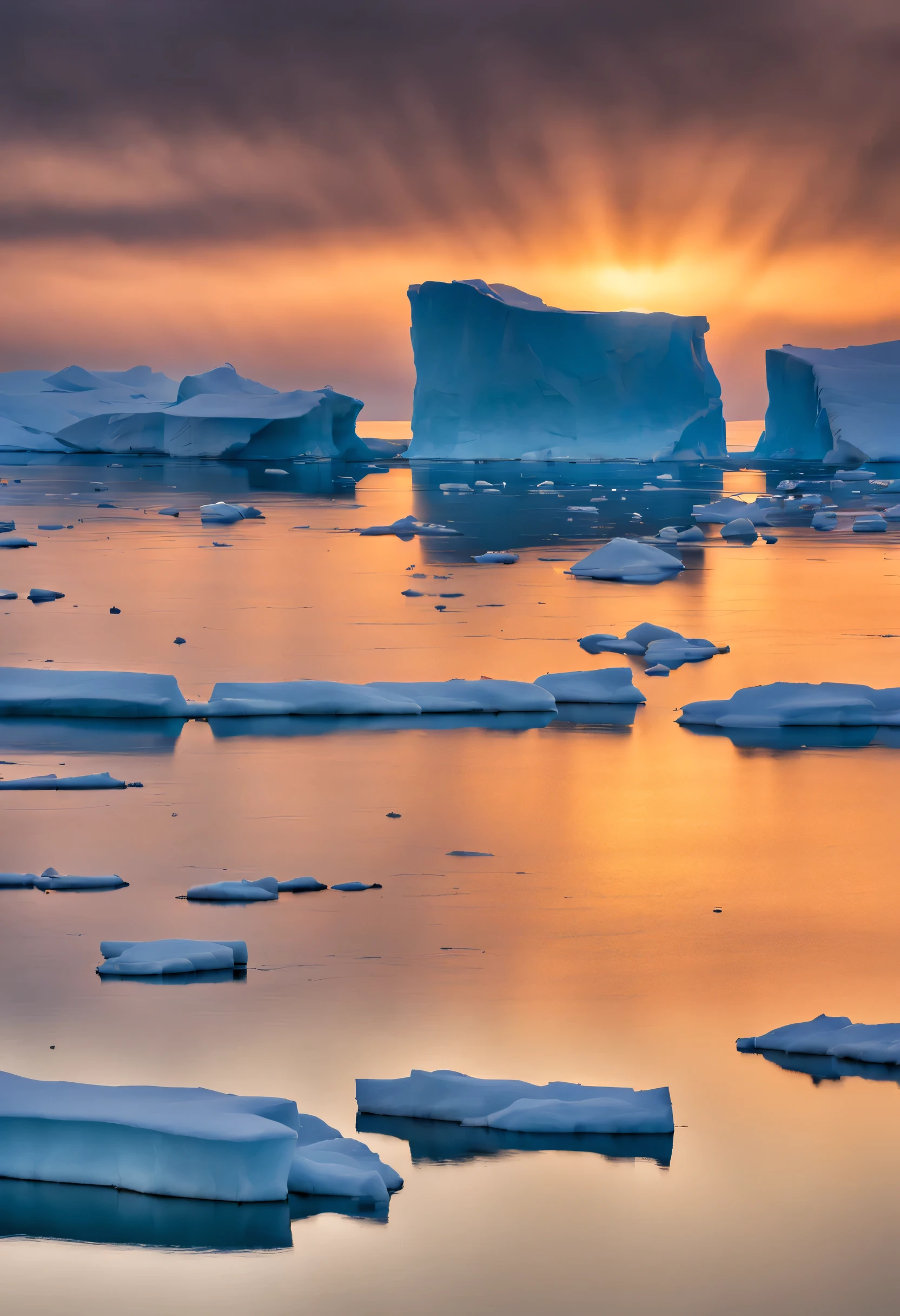 A sunrise over the ice floe with icebergs and magnificent color and transparency