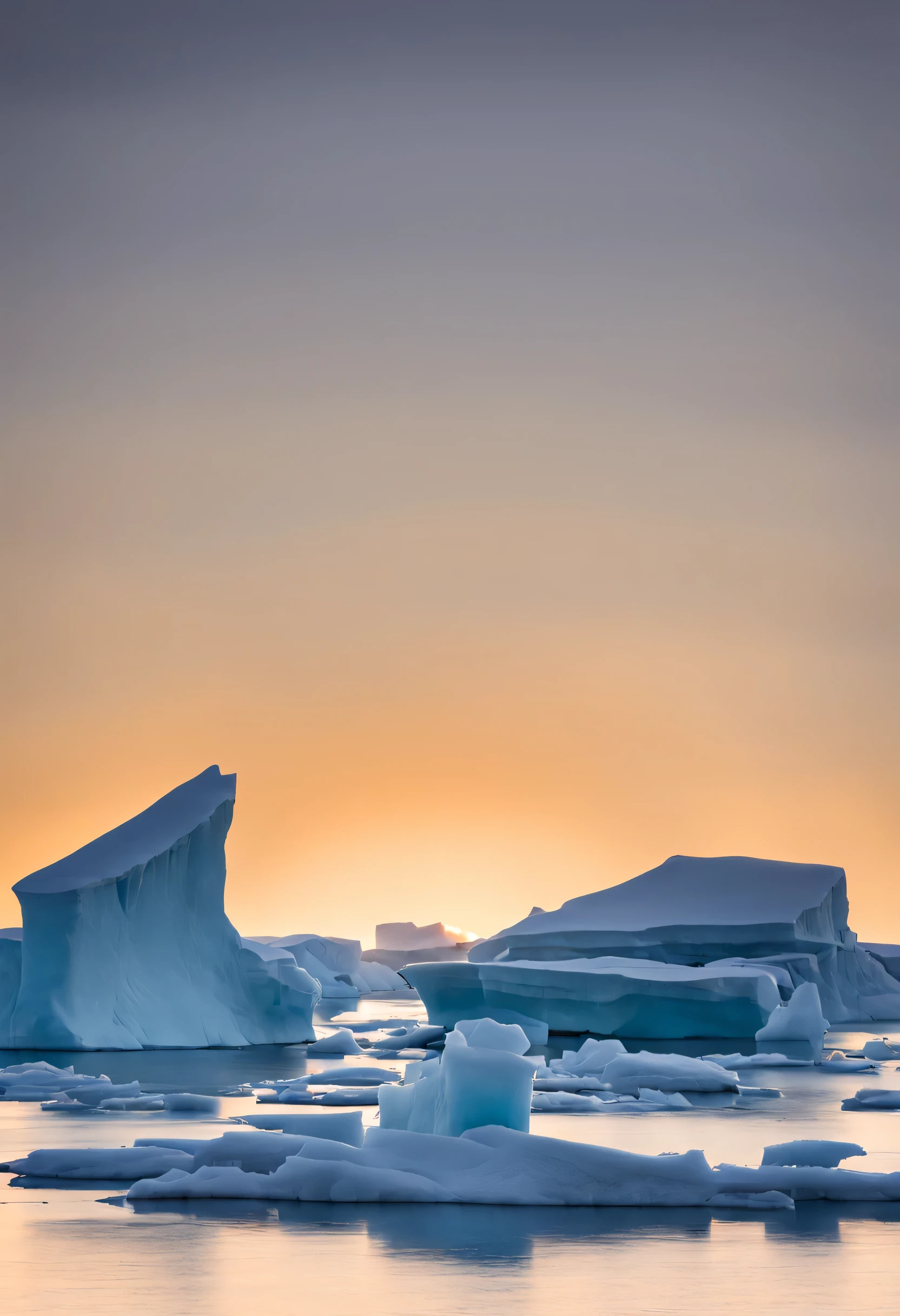 A sunrise over the ice floe with icebergs and magnificent color and transparency