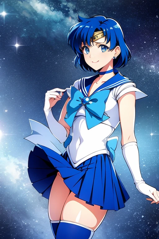 (alone, 1 girl), (ridiculous, high resolution, Official wallpaper, poster), (masterpiece, best quality:1.2), (illustration, actual), (perfect details, most detailed, Extremely detailed), dramatic light, Ami Mizuno, (sailor mercury, neck strap, blue hair, short hair, ring, jewelry, Crescent earrings), (City, starry sky), (white stockings, ,seduct smile, blush, permanent) (skirt, skirt)