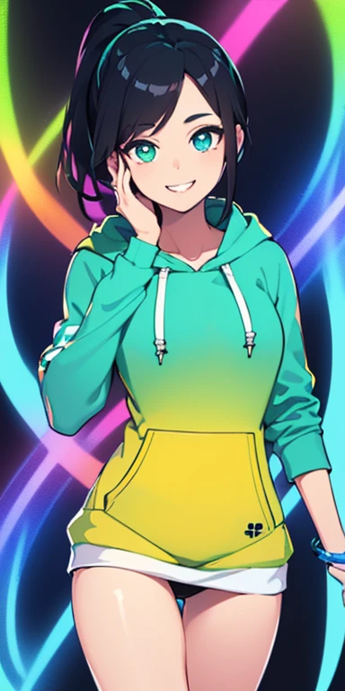 (black hair,colorful fluorescence multicolored hair:1.5,ponytail:1.5), (masterpiece, sidelights, exquisite beautiful eyes: 1.5), masterpiece*portrait, realistic, ((Colorful background of different colors:1.5)),(Gentle face:1.5),colorful,3D face,(cute face),front view: 1.6、((put your hand on your face:1.5))、 (glowing green eyes:1.2),(tareme:1.5)、(cute smile:1.5),,Slim Body, shiny hair, shiny skin: 1.5、medium breasts,、solo,(stand)、(hoodie:1.5)、(charactor focus:1.5、portlate、eye focus,cowboy shot)、bright atmosphere,intricatedetails