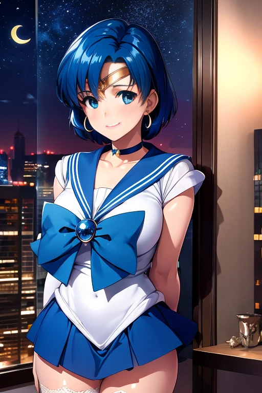 A lone girl, absurdly high-resolution, official wallpaper, poster, masterpiece:1.2. Realistic illustration, ultra-detailed, extremely detailed, dramatically lit. Ami Mizuno, Sailor Mercury, choker, blue hair, short hair, hoop earrings, jewelry, crescent moon-shaped earrings. City skyline, starry sky. White thigh-high stockings, enticing smile, blushing, constant. Skirt, dress.