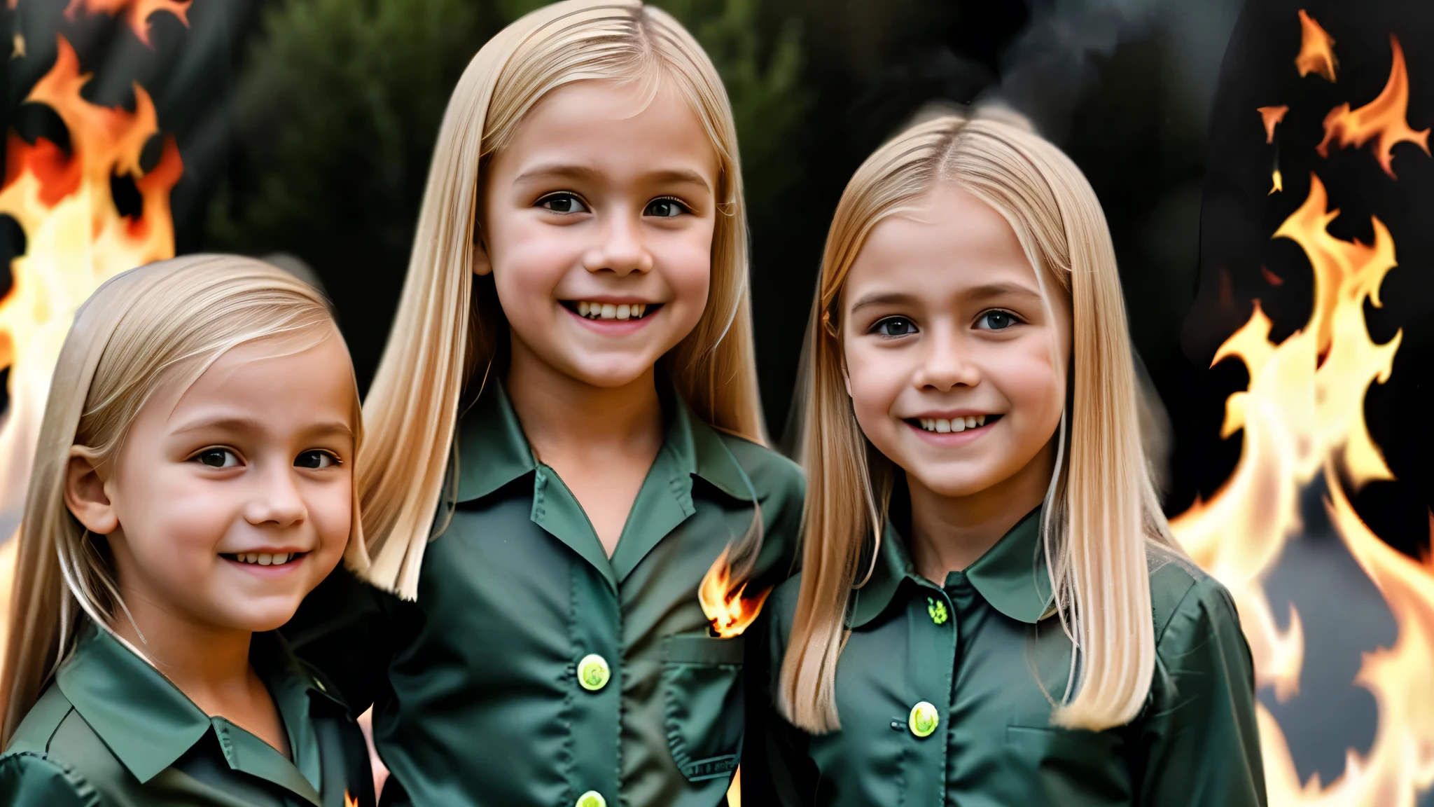 3 s loiros COM CABELO LISO, jaqueta de couro preta e roupa PORTRAIT , the flames are glowing in the dark with a GREEN fire reflection, chamas de fogo, chamas ao fundo, fogo e chamas, chamas ao fundo.