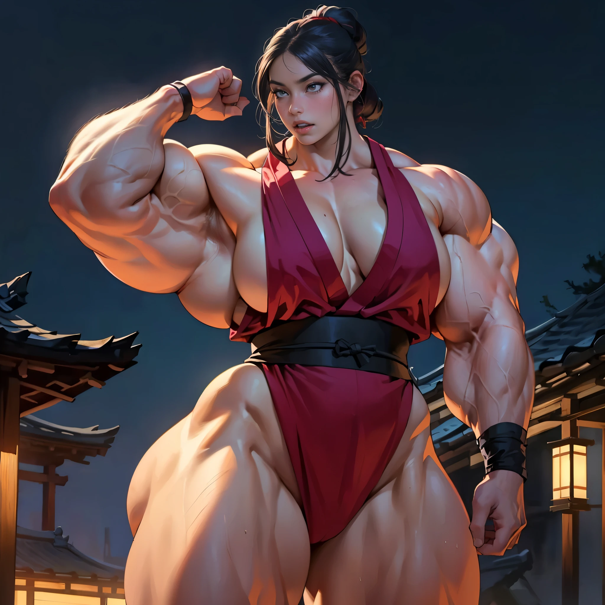 (masterpiece, best quality, highres:1.5), realistic, 1girl, young (japanese) warrior (woman), (hypermuscle:1.4), (huge breasts:1.2), (tall:1.2), huge ass, huge thighs, (detailed, beautiful face), dangerous expression, ninja, feudal japan, nighttime, dynamic pose