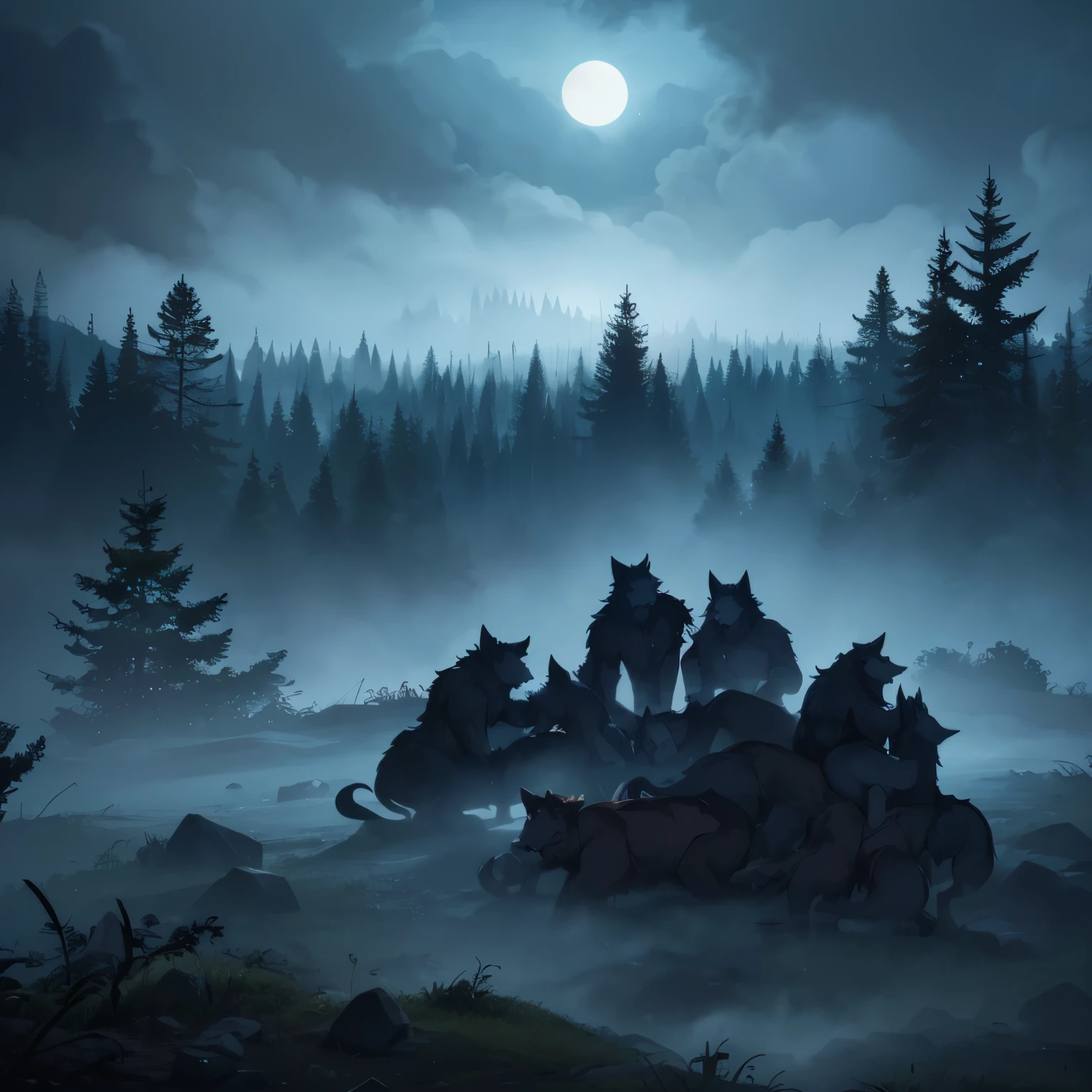 A pile of dead werewolves on the floor, de uma floresta seca, with a lot of gloomy fog at night. Totally bluish and dark lighting. View of the entire very distant scenery.