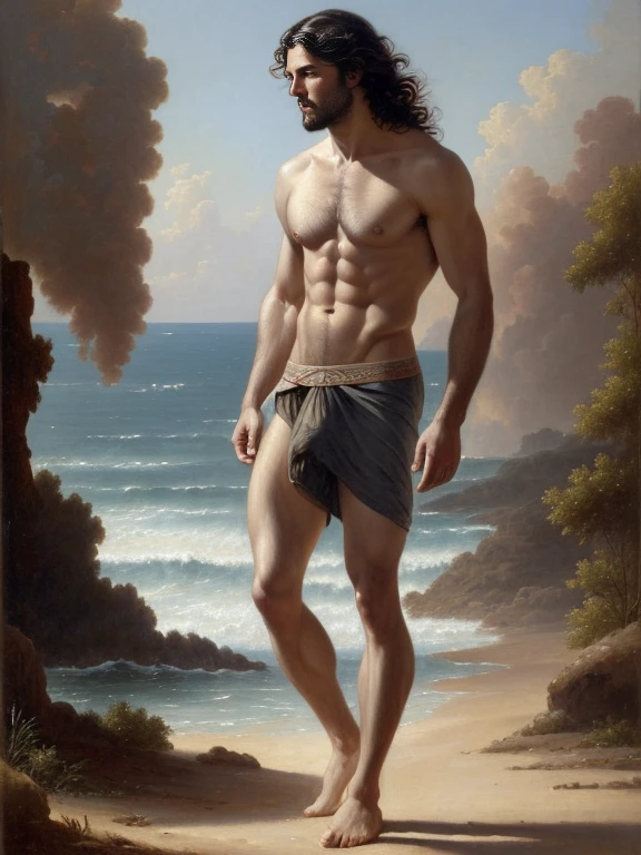 Oil painting, French style, Full body, beautiful 30 year old male, Side view, greg rutkowski, youthful, handsome french, shirtless, SCIENCE FICTION, long wavy hair, smooth soft skin, intricate details, highly detailed, by greg rutkowski, regency era, classic art, ((briefs)), full body