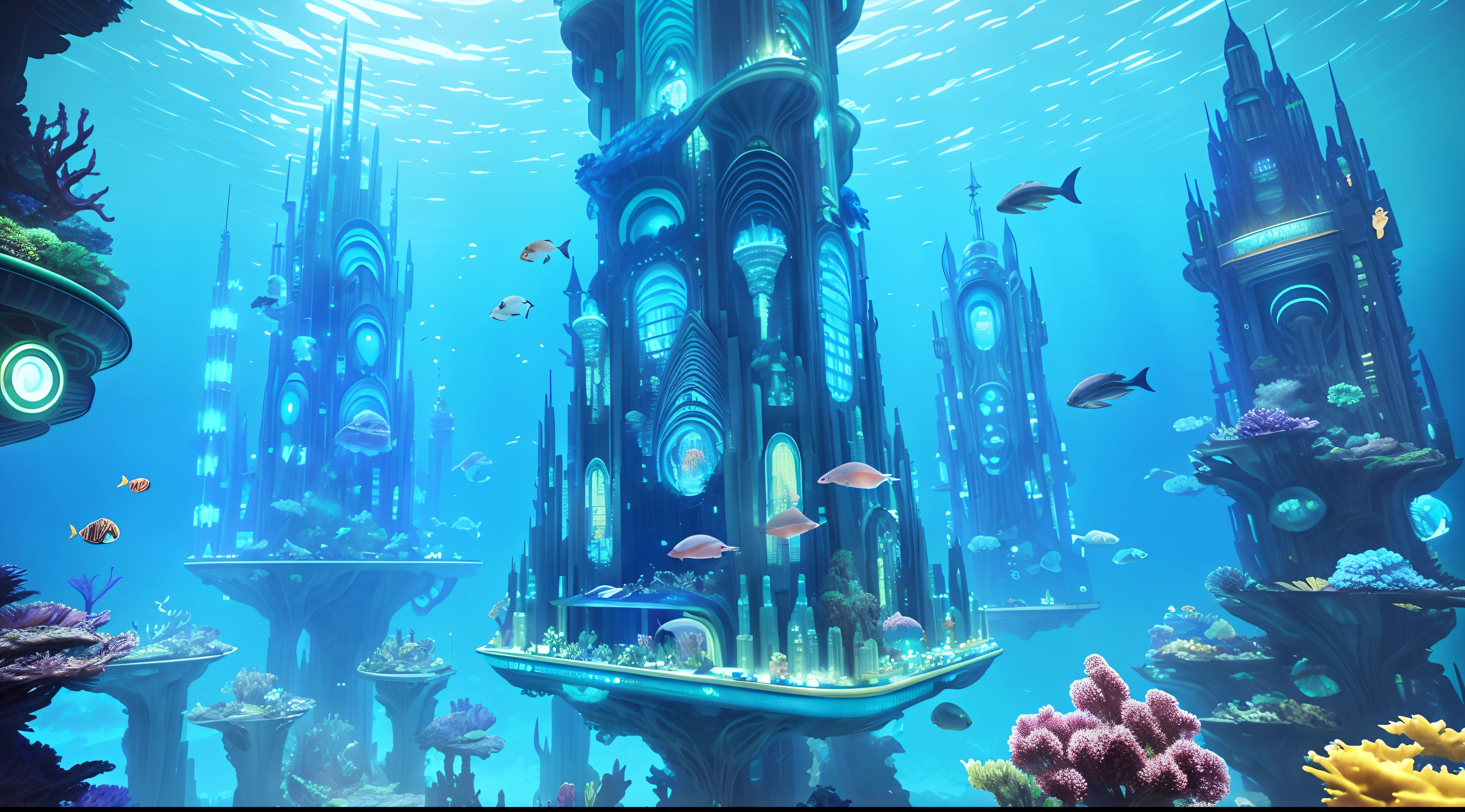 Hay un gran acuario.,There are many fish in it, Futuristic underwater metropolis, Una ciudad submarina, Una ciudad submarina, Stuning Fantasy 3D render, escenario futurista, in a science fiction and fantasy city, Futuristic utopian fantasy, surreal sci-fi setting design, palacio futurista, Templo submarino, Templo de las medusas, Surrealist science fiction architecture, Templo submarino con peces