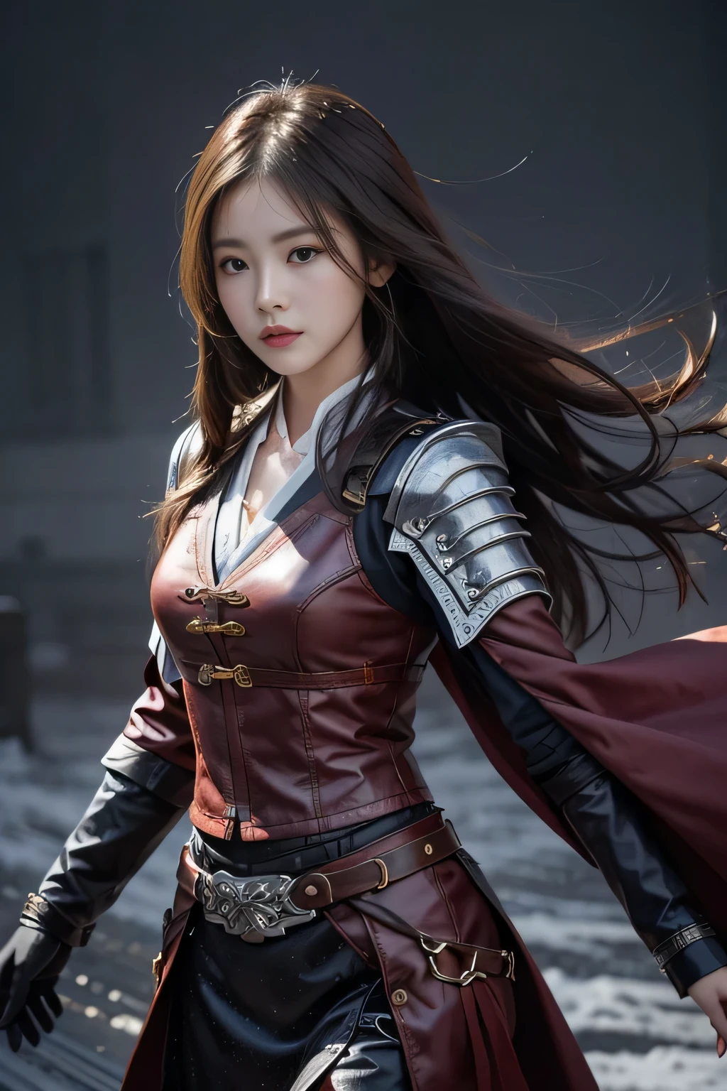 Chinese female general Hua Mulan，Reddish brown leather metal chain mail，battlefield background，majestic，Half body photo