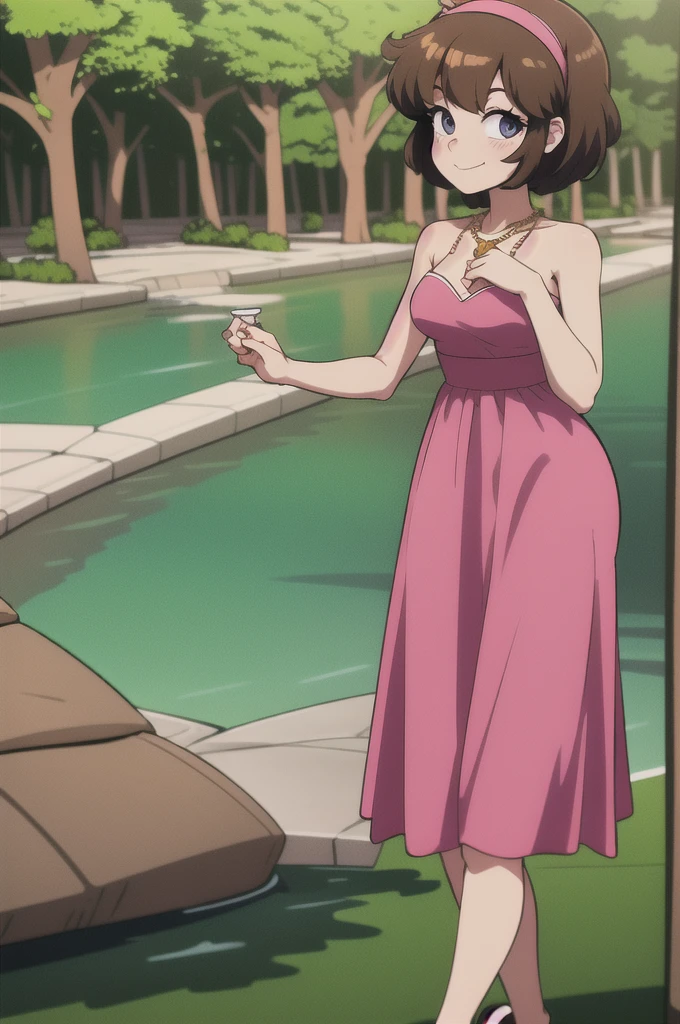 80's anime style, 1 girl, solo, short medium brown hair, pink Hairband, cute eyes, bare arms, pink maxi dress, little pink dress, golden necklace, pink slipper, smile, cowboy shot, standing, close-up-view, intricate details, sharp focus, high resolution, the background of beautiful flower park with trees and canals, beautiful sunny day, anime, masterpiece, very high resolution.