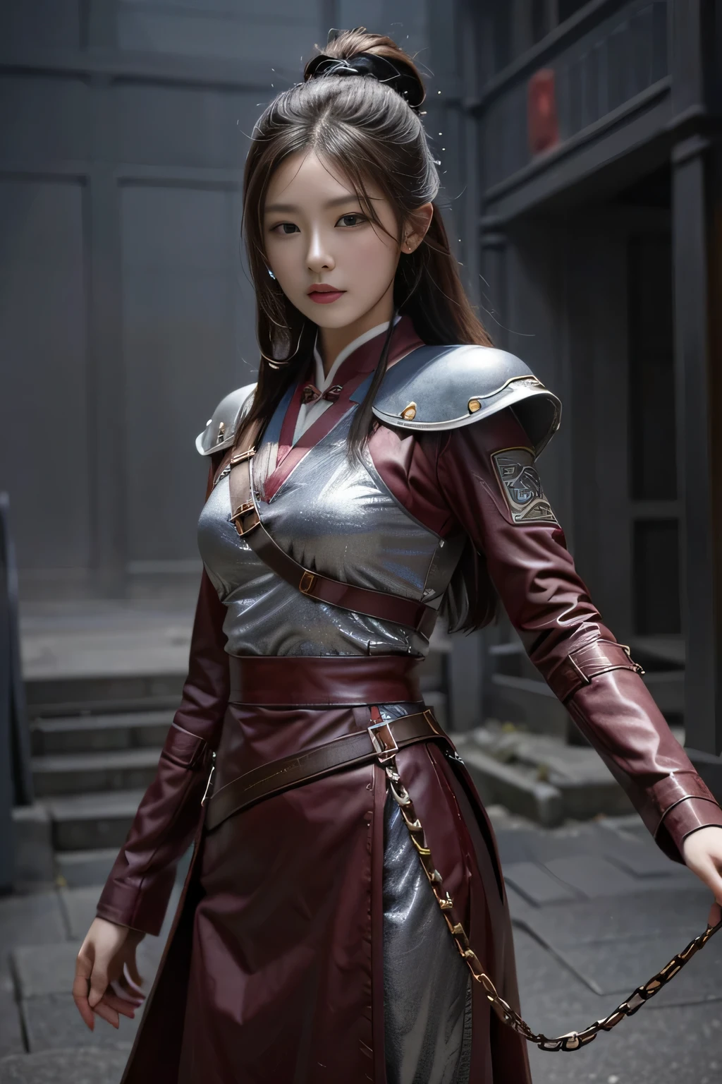 Chinese female general Hua Mulan,Reddish brown leather metal chain mail,battlefield background,majestic,Half body photo