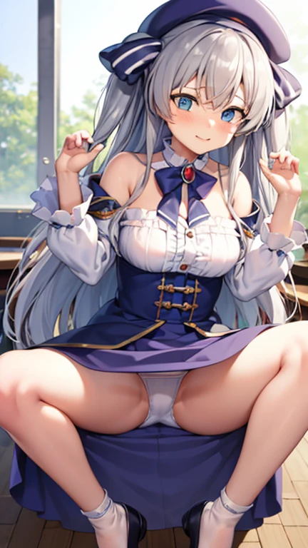 one girl，full body figure，big breasts、child、low length、very big boobs，big boobs，perfect 5-fingered hands、mini skirt、I can see white panties、whitepanty、shy face、perfect thing、highest quality、big breasts、detailed description、small details、detailed face、white skin、lift skirt、Skirt flip、classroom、erotic pose、Celia Claire (Seirei Gensouki) 、 Celia Claire