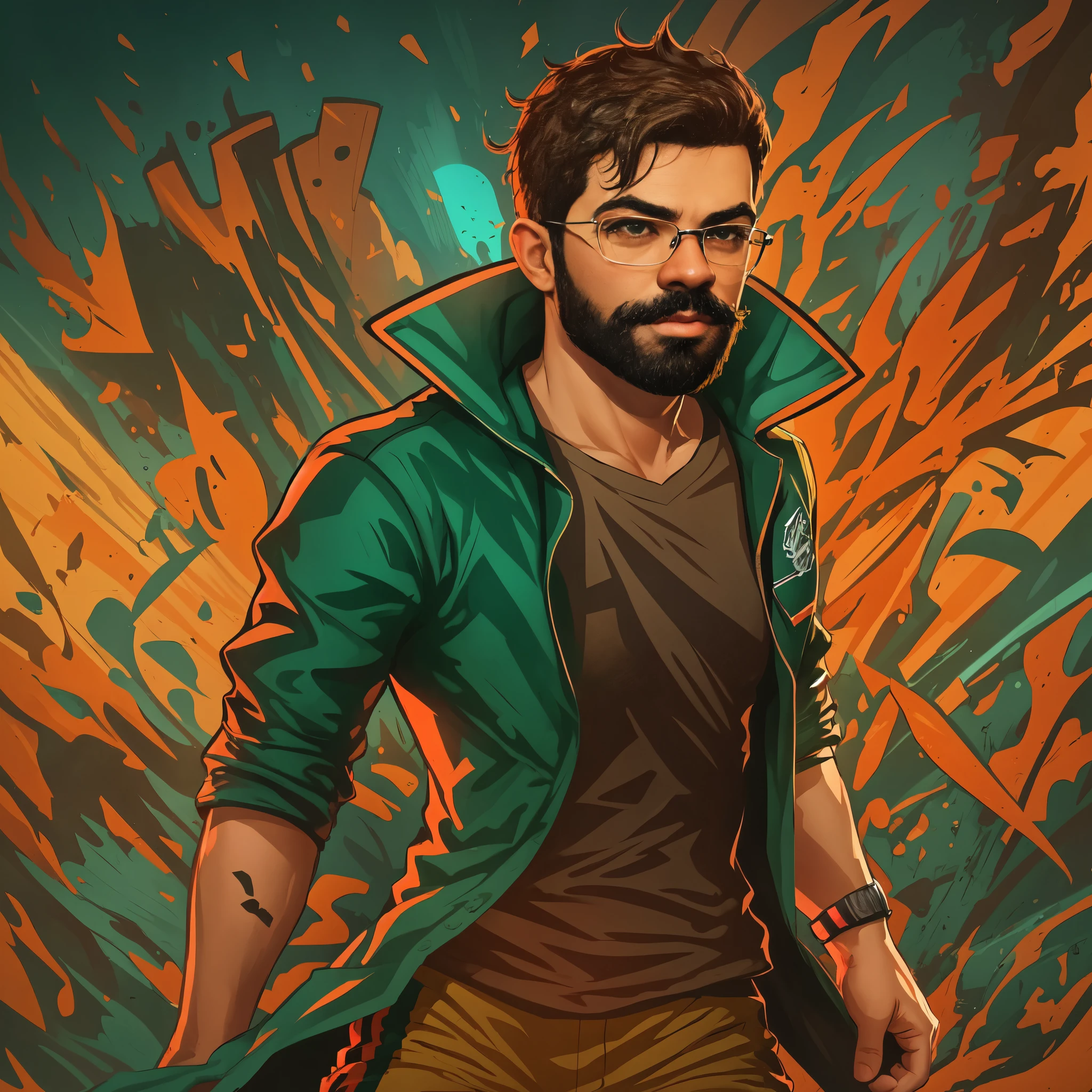 a person with short brown hair, thrown to the side(rogue) with degrade, beard and short mustache, brown eyes, wearing a Flamengo shirt
,illustration (concept art)
,ultra-detailed
,high quality
,colorful
,cartoon style
,vibrant colors
,sharp focus
,professional lighting