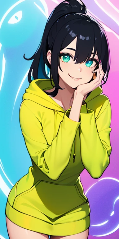 (black hair,colorful fluorescence multicolored  hair:1.5,ponytail:1.5), (masterpiece, sidelights, exquisite beautiful eyes: 1.5), masterpiece*portrait, realistic, ((Colorful background of different colors:1.5)),(Gentle face:1.5),colorful,3D face,(cute face),front view: 1.6、((put your hand on your face:1.5))、 (glowing green eyes:1.2),(tareme:1.5)、(cute smile:1.5),,Slim Body, shiny hair, shiny skin: 1.5、medium breasts,、solo,(stand)、(hoodie:1.5)、(charactor focus:1.5、portlate、eye focus,cowboy shot)、bright atmosphere,intricatedetails