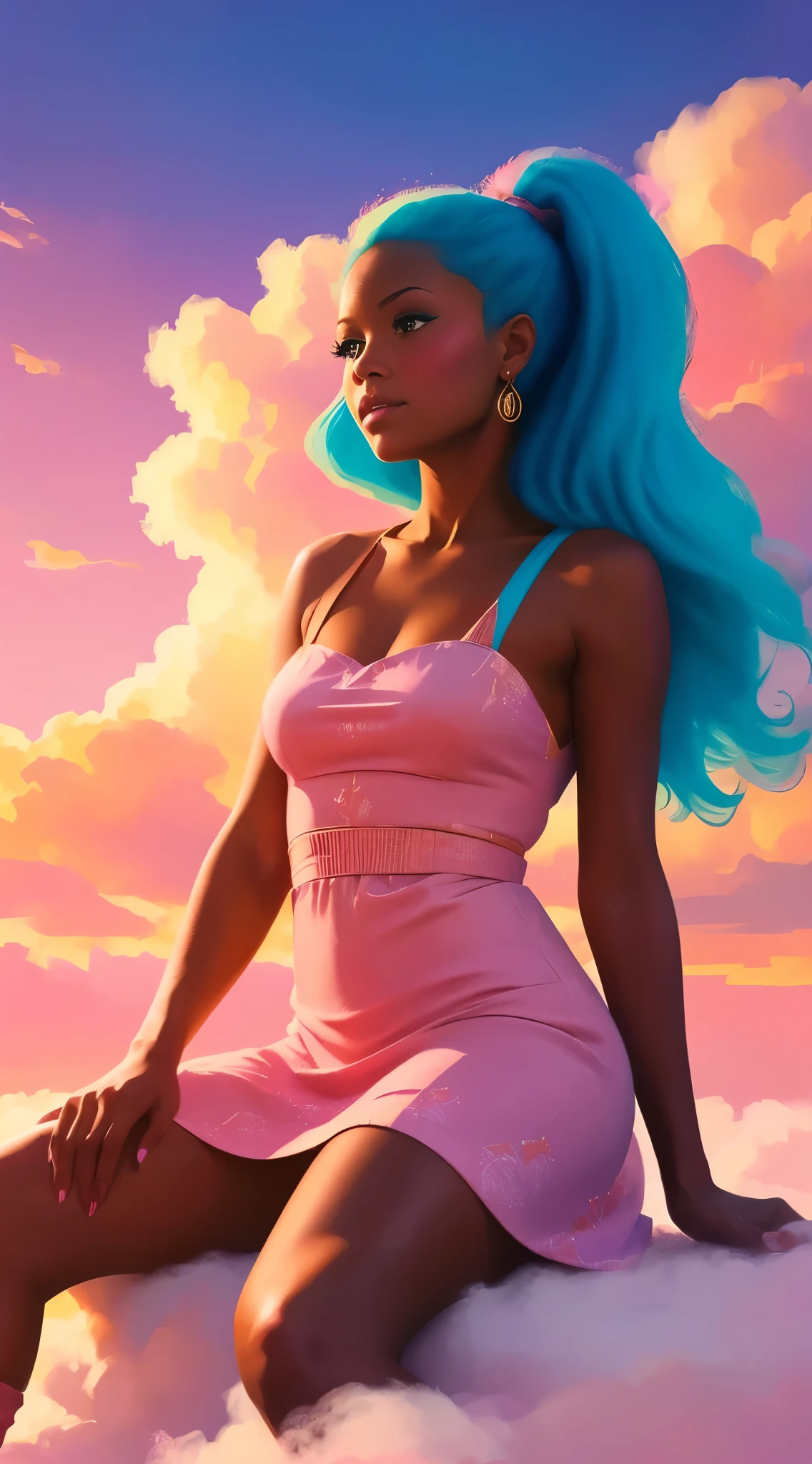 (best quality:1.1),original,1girl,chic,trendy,afro,dark skin,makeup,1970's, blue hair, brown eyes, and pink fingernails, An illustration of african american woman with natural hair, in the style of ross tran, a pink dress with a cute cloud print and cute pink boots, a gorgeous woman with extremely long hair in a ponytail with bangs, (((sitting on a soft fluffy pink cloud))), looking at a distant magical city far beneath her, at sunset --ar 2:3 --v 6.0 pink and orange, jessica drossin, bold block prints, michael malm, bold yet graceful, bold traditional