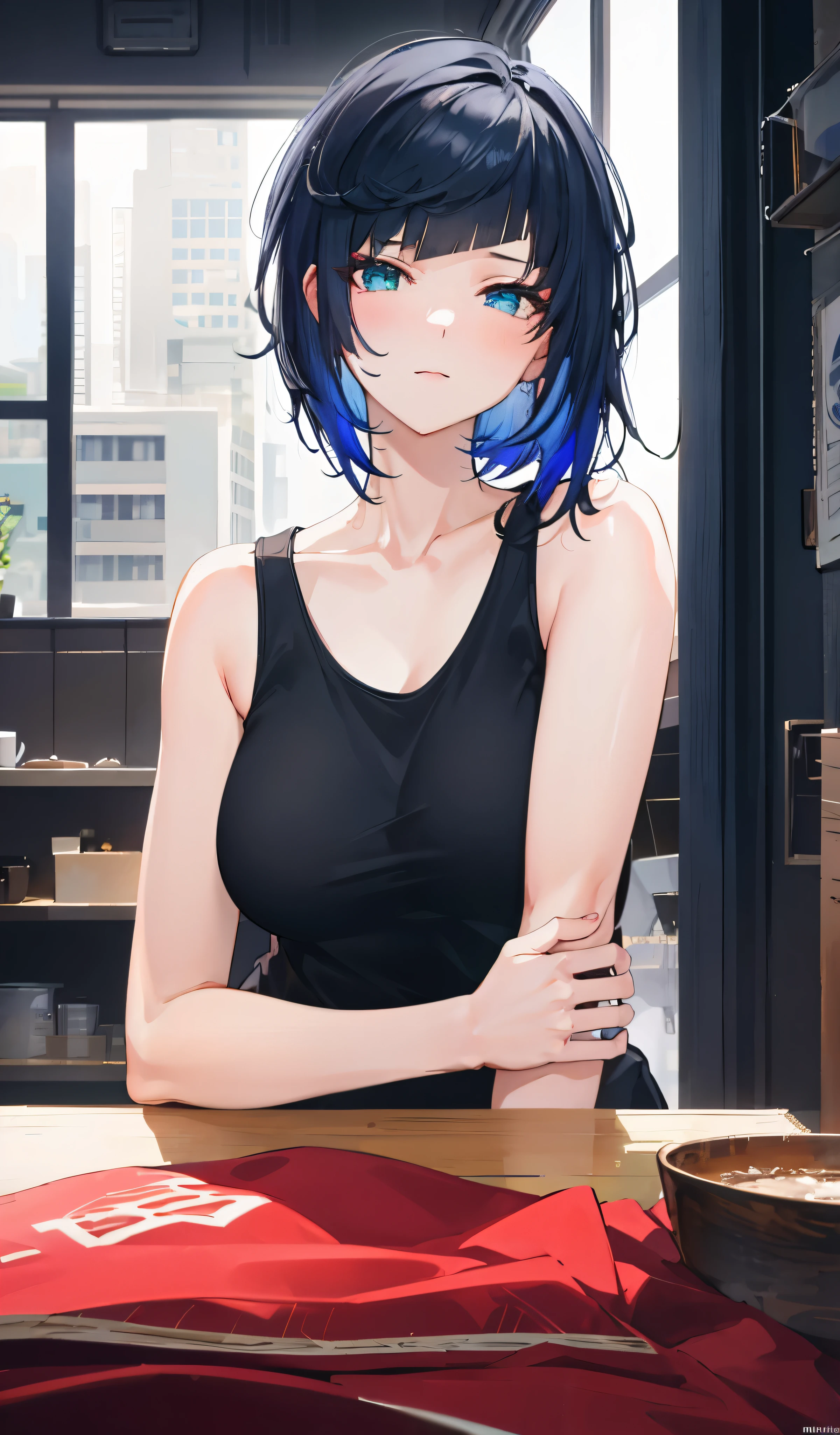 (Wallpaper,8k), (masterpiece, beautiful lighting, vibrant, best Quality), 1 woman, solo, short black hair, Messy hair , tank top, indoor, night