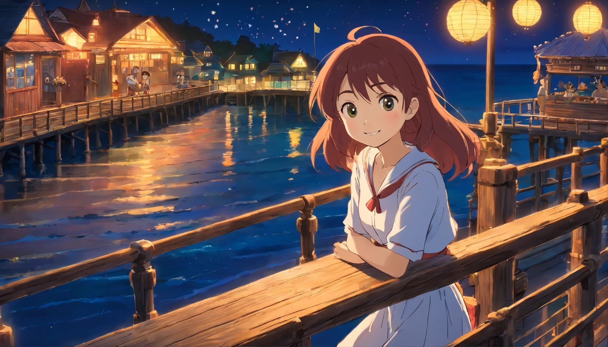 High angle, Nautical, Beach pier deck, smilling Female model and cute creature, Sitting by the railing, in the dark night, Ocean expanse, Weathered wood and metal, Coastal decor details, glitter and firework, Ralph Lauren, Sunlit dappled light, Cape Cod, midnight, Relaxed and maritime-inspired, Coastal pier architecture —ar 16:9 —s 500